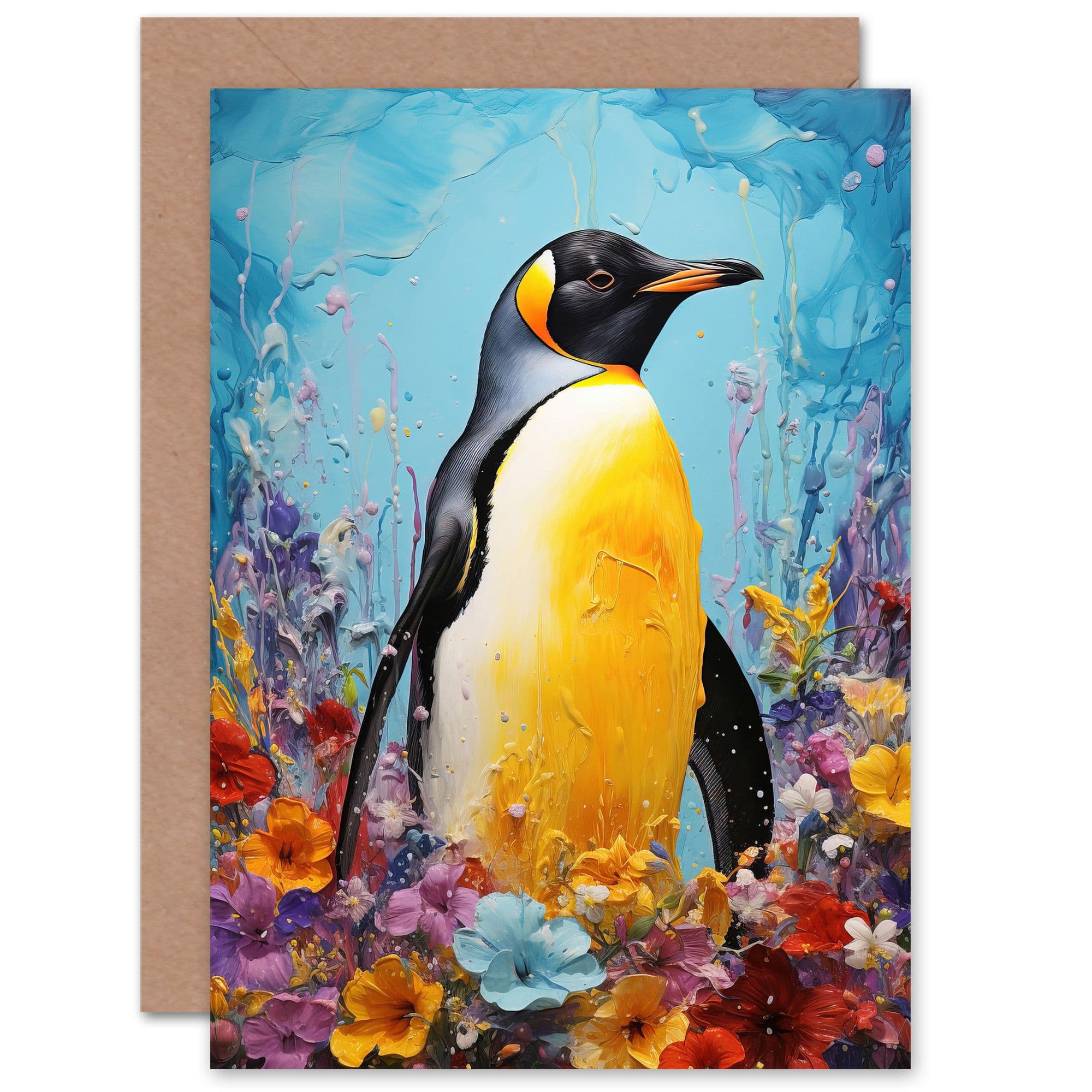 King Penguin Floral Flowers Colourful Fun Birthday Greeting Card