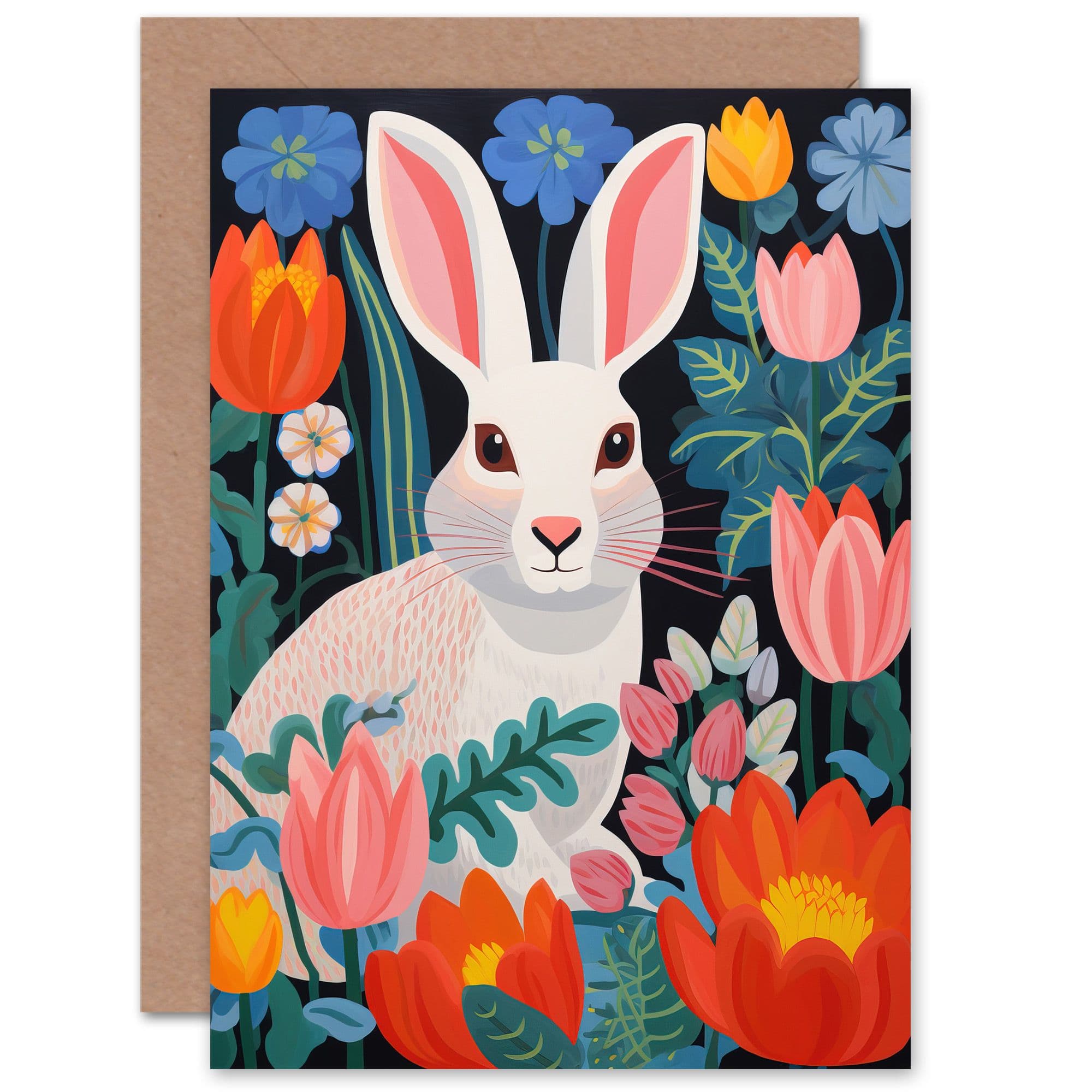 Bunny Rabbit Colourful Bold Vibrant Flowers Easter Kids Greeting Card