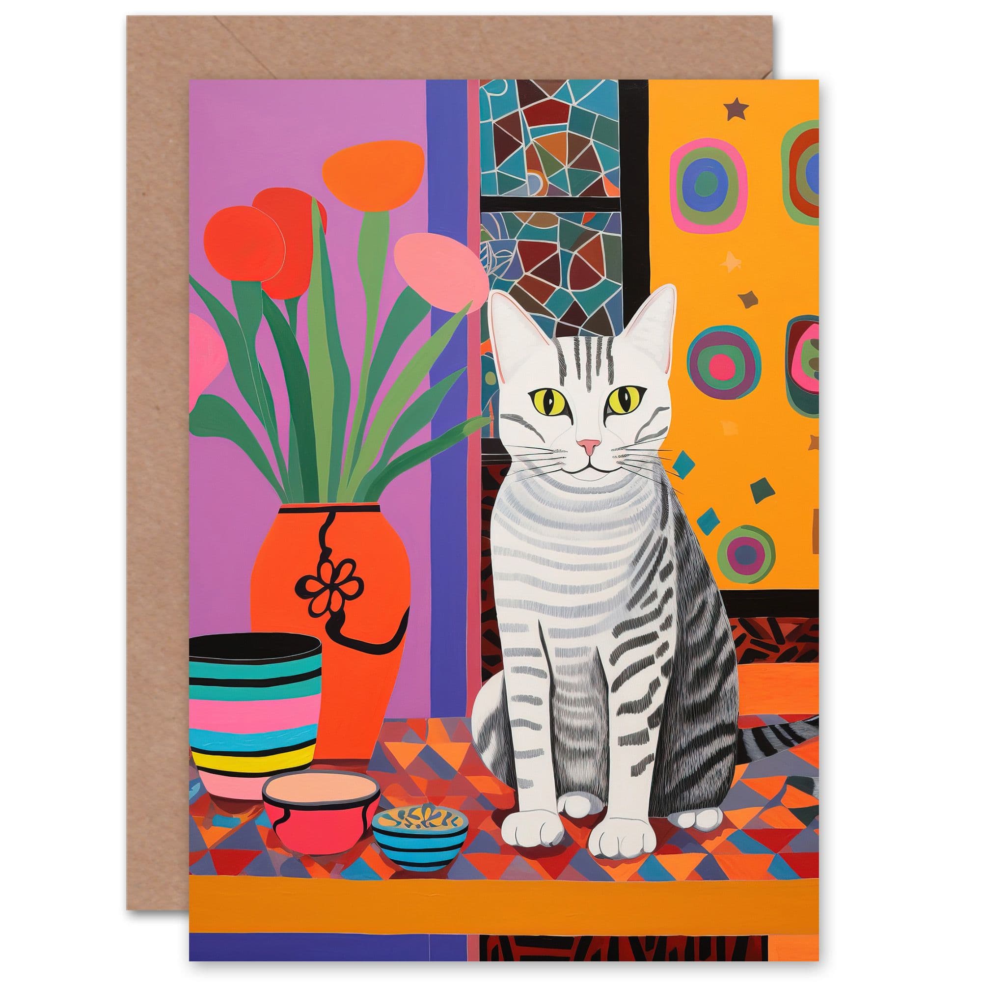 Cat Lovers Folk Art Bright Fun for Wife Her Birthday Greeting Card