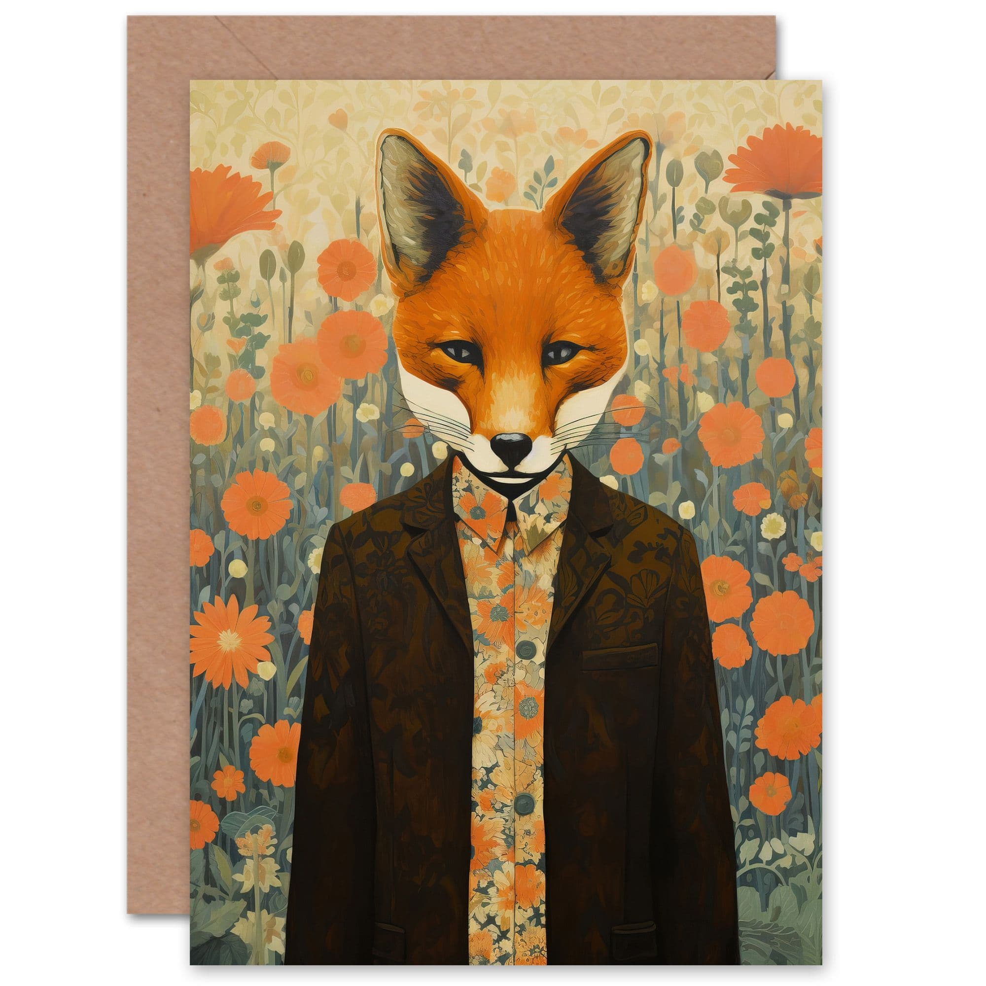 Foxy Dresser Fox in Suit Floral Autumn for Him Her Birthday Greeting Card