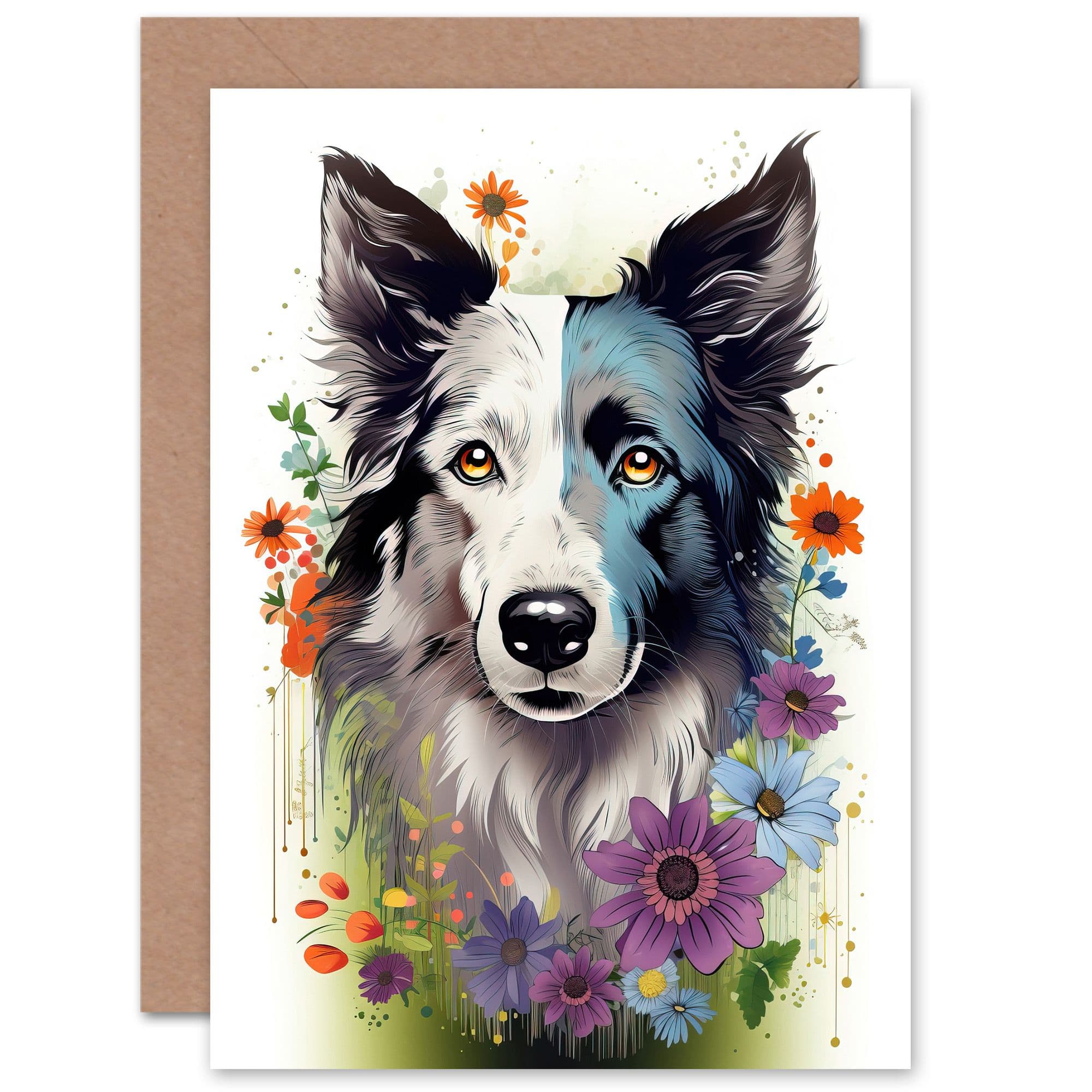 Border Collie Dog Bawsant Face Wildflowers Birthday Greeting Card