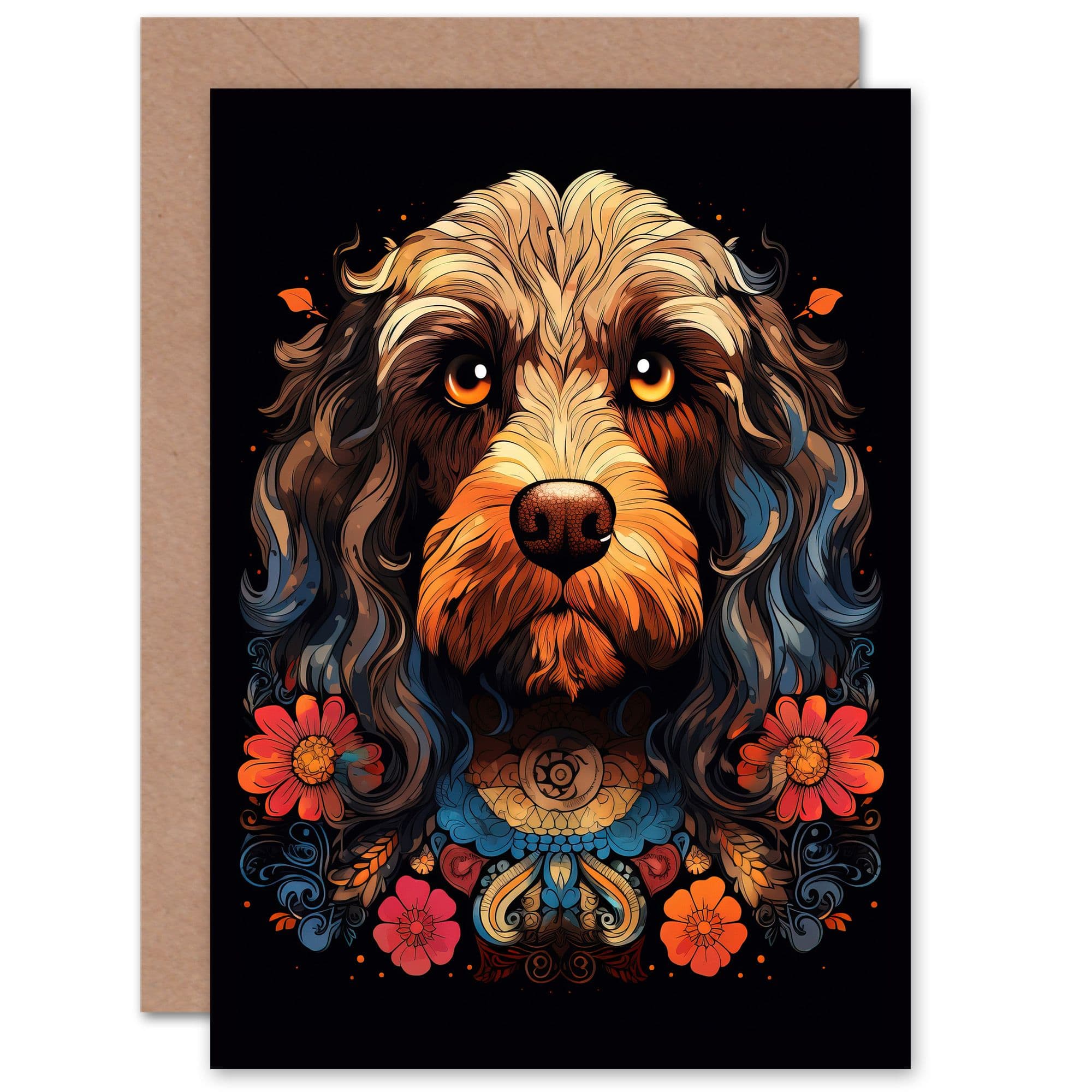 Cockapoo Dog Symmetrical Floral Tribal for Her Birthday Greeting Card