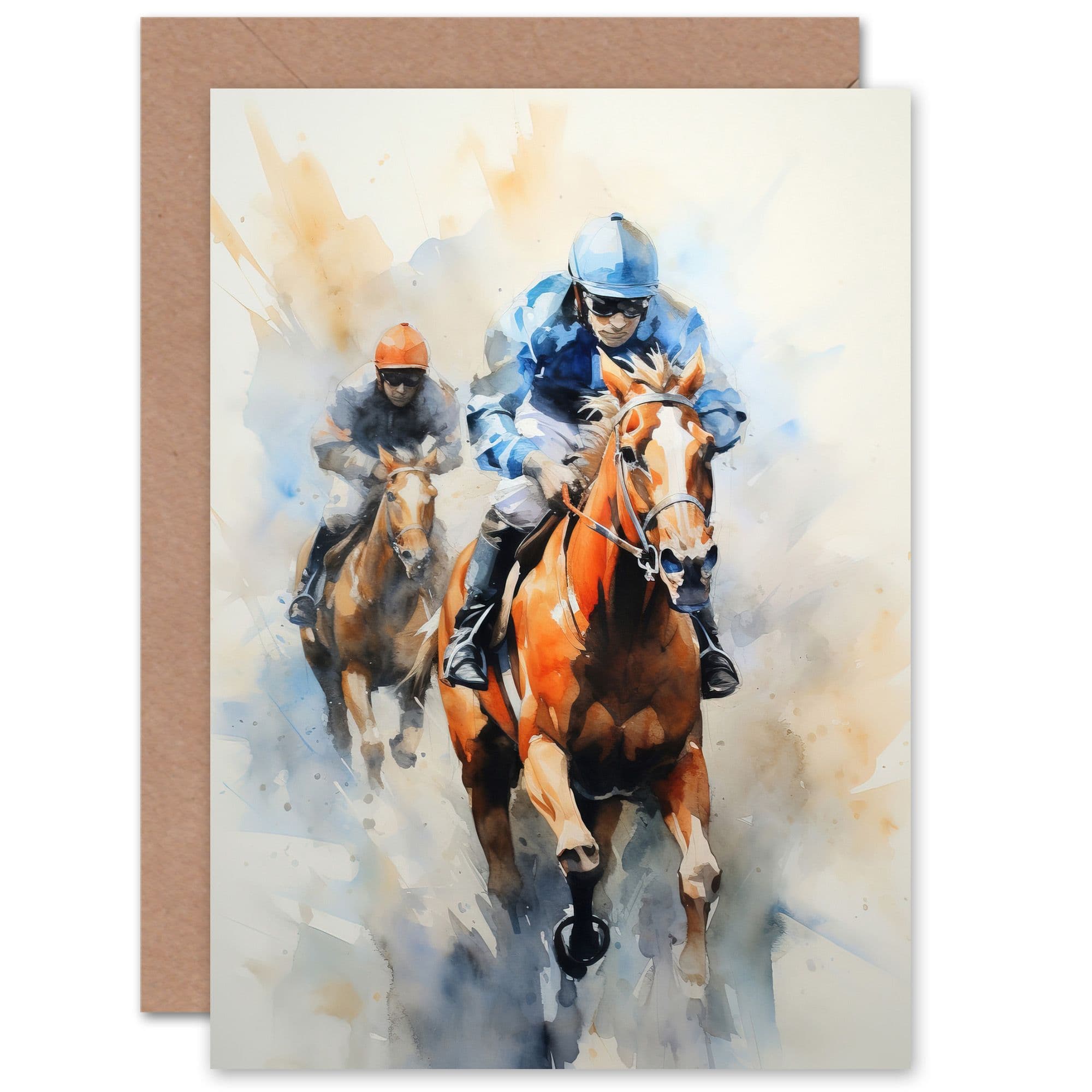 Horseracing Fan Jockeys Racing Watercolour Birthday Greeting Card