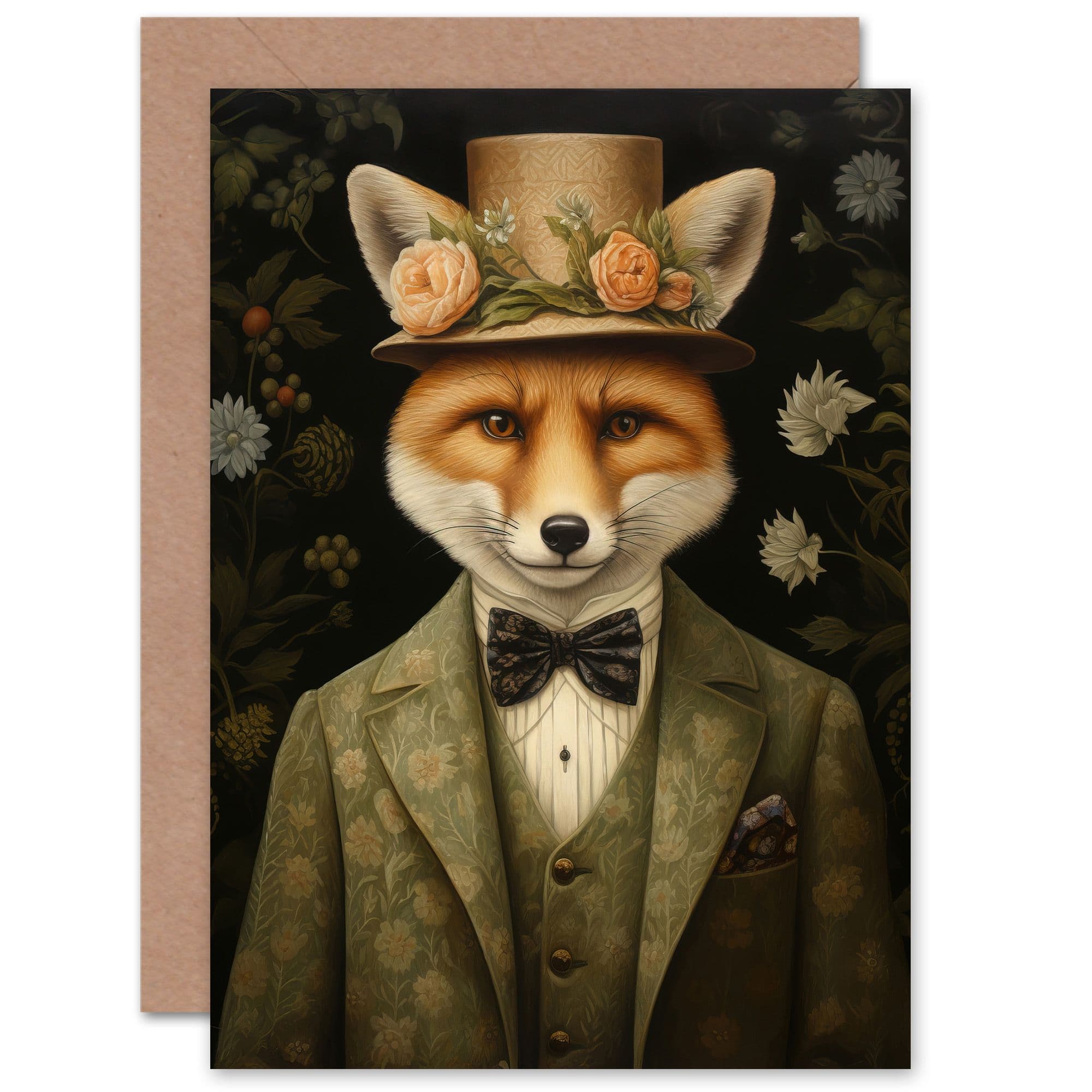 Fox Floral Victorian Top Hat Tails Him Her Birthday Greeting Card