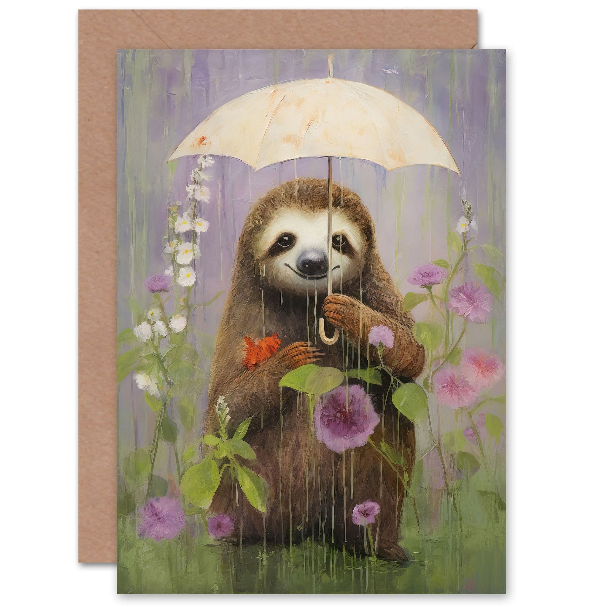 Cute Sloth Umbrella Wildflower Meadow Birthday Greeting Card