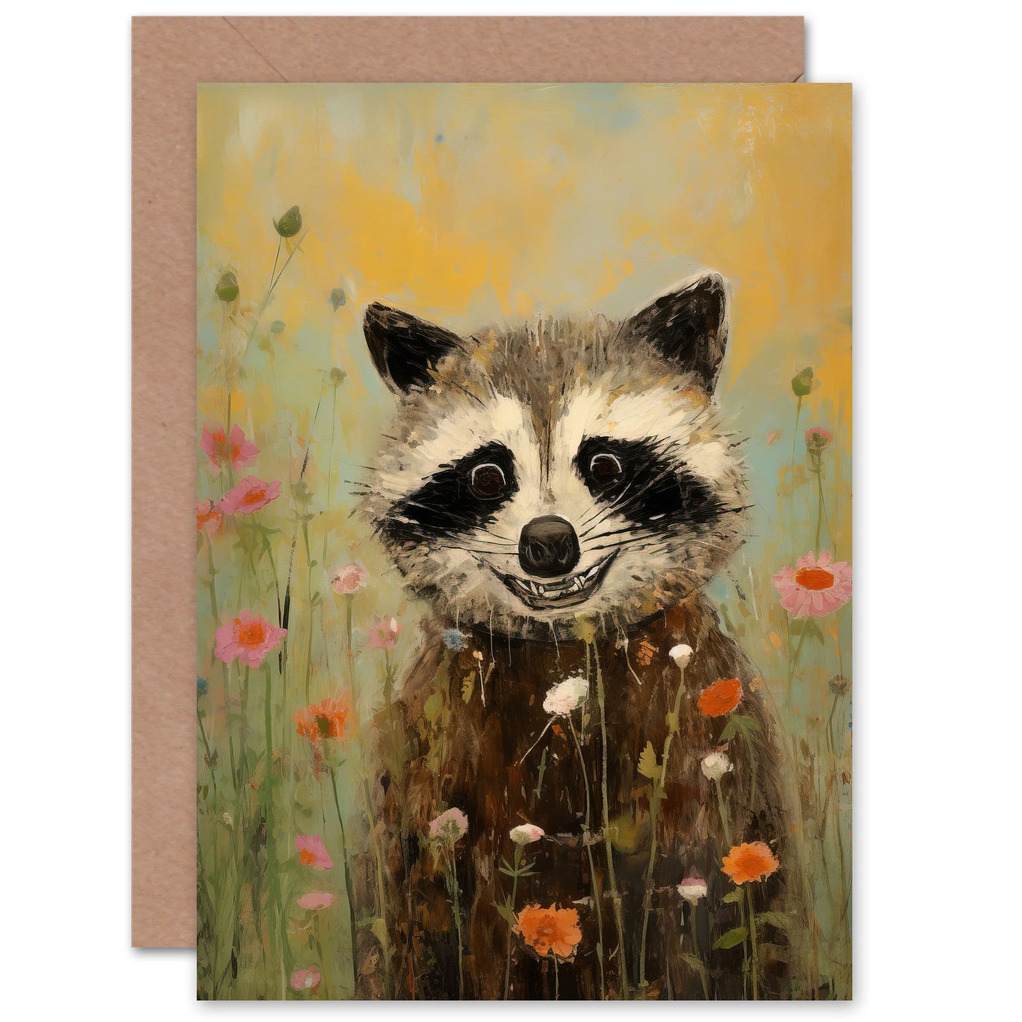 Gleeful Raccoon Spring Meadow Fun Birthday Thank You Greeting Card