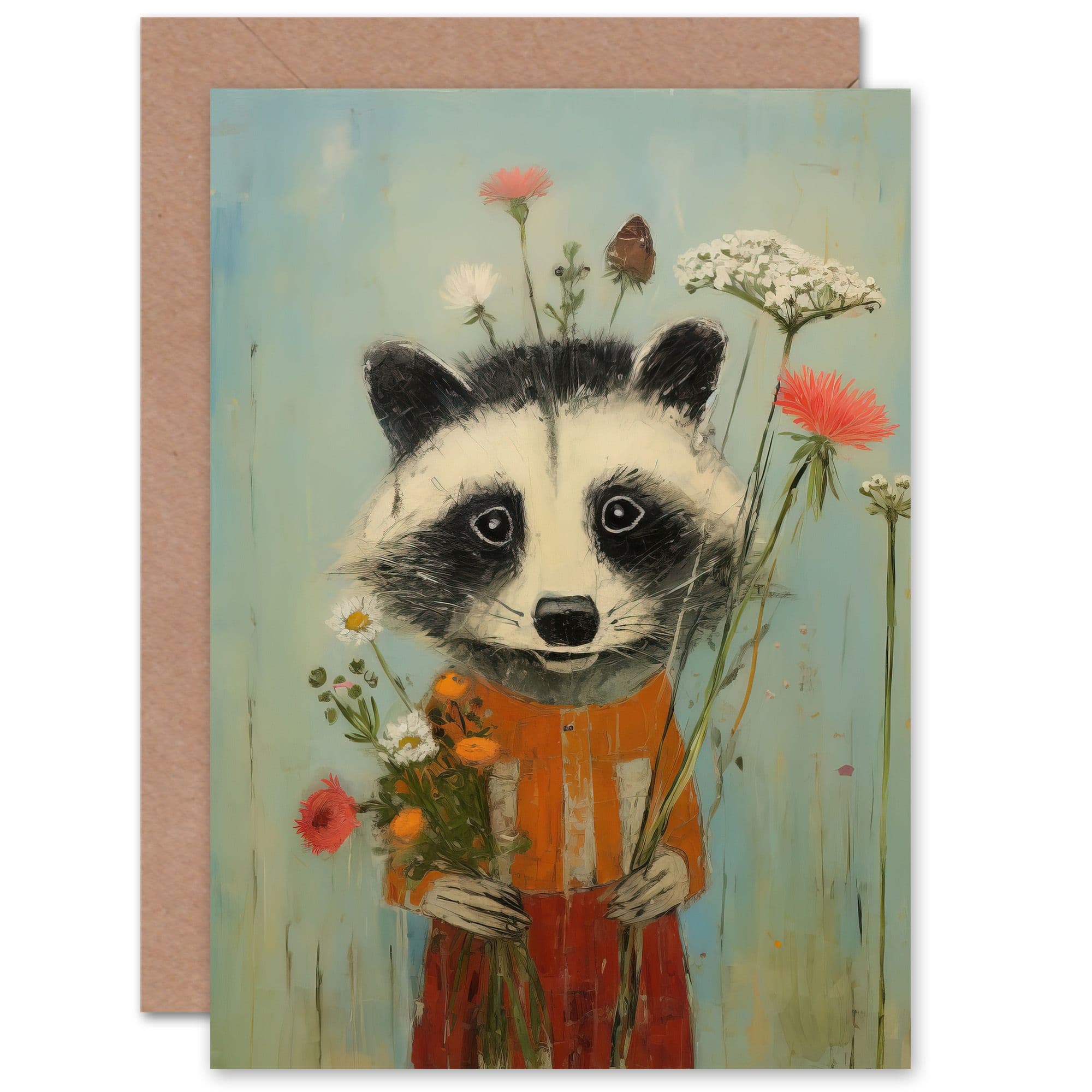 Cute Racoon Picking Wildflowers Spring Bouquet Birthday Greeting Card