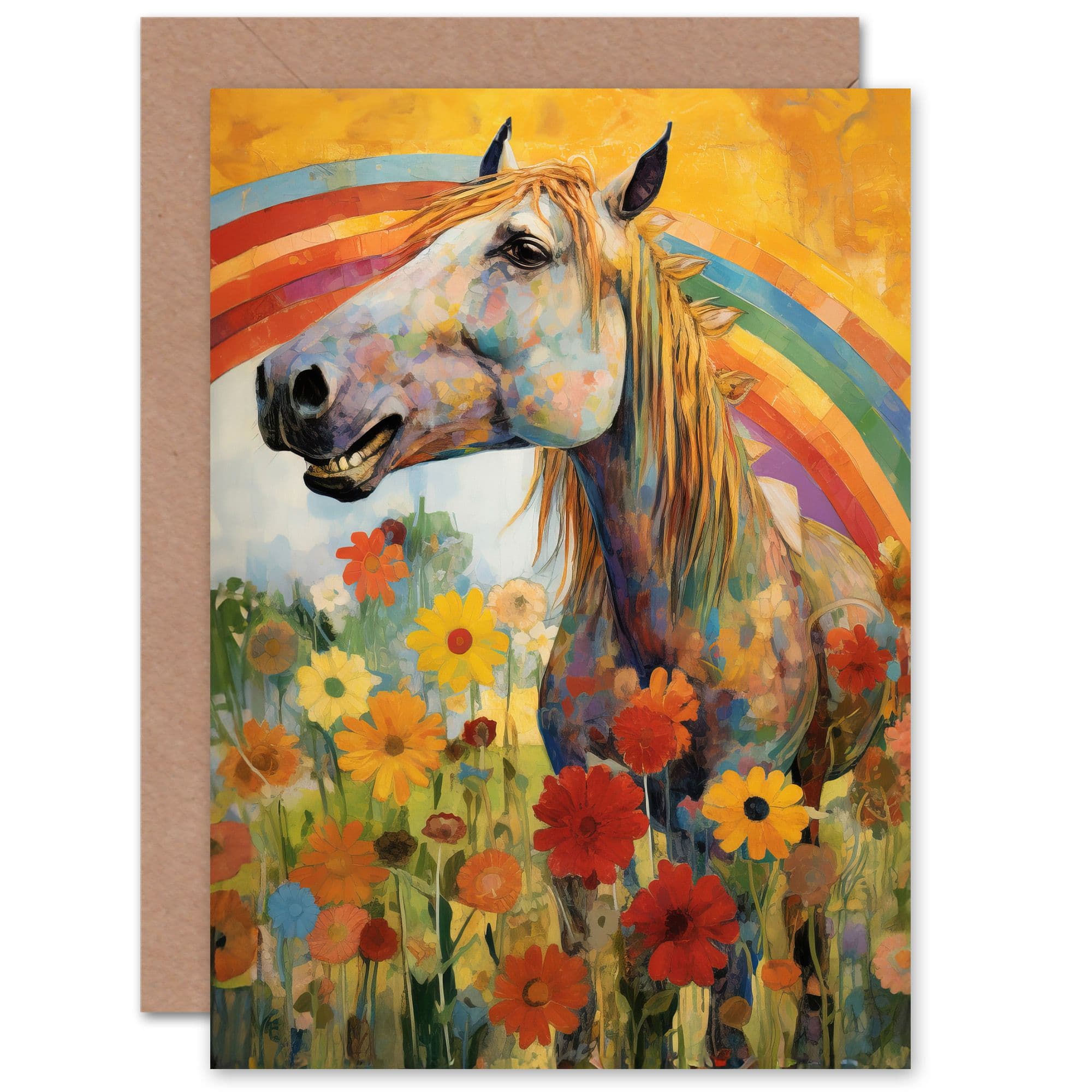 Horse Flowers Bright Colourful Happy Birthday Greeting Card