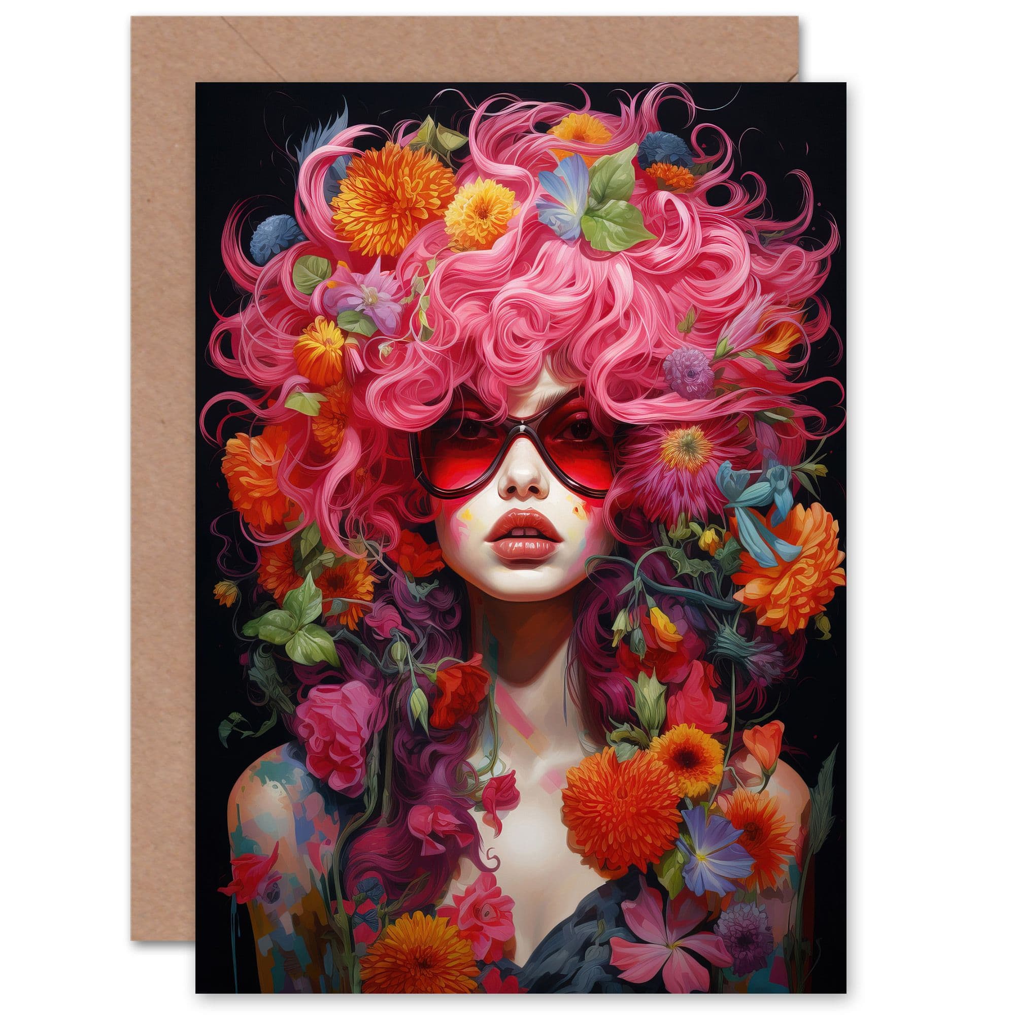 Flowerpunk Woman with Pink Hair and Flowers Birthday Greeting Card
