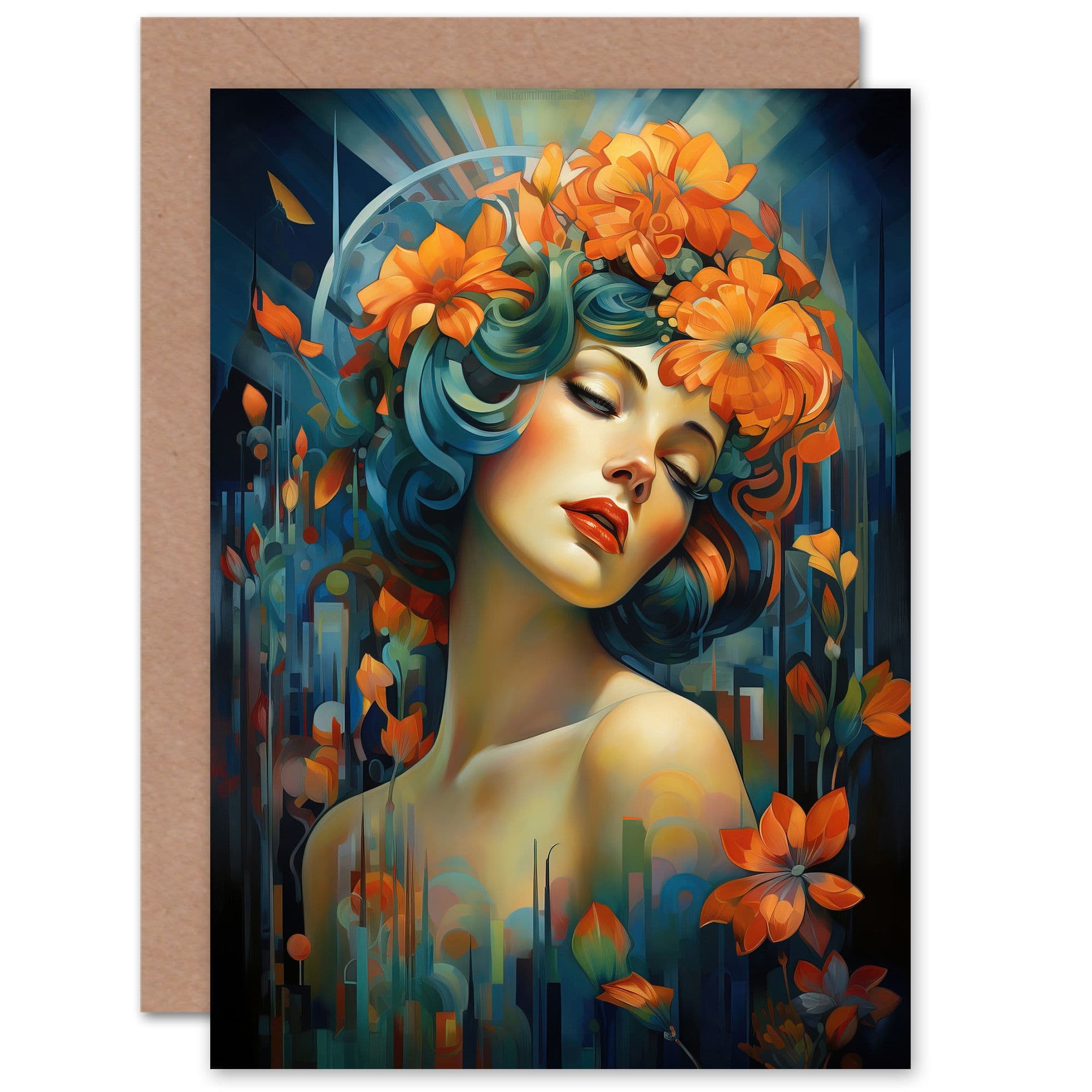 Woman Portrait Flowers Modern Art Deco Birthday Greeting Card