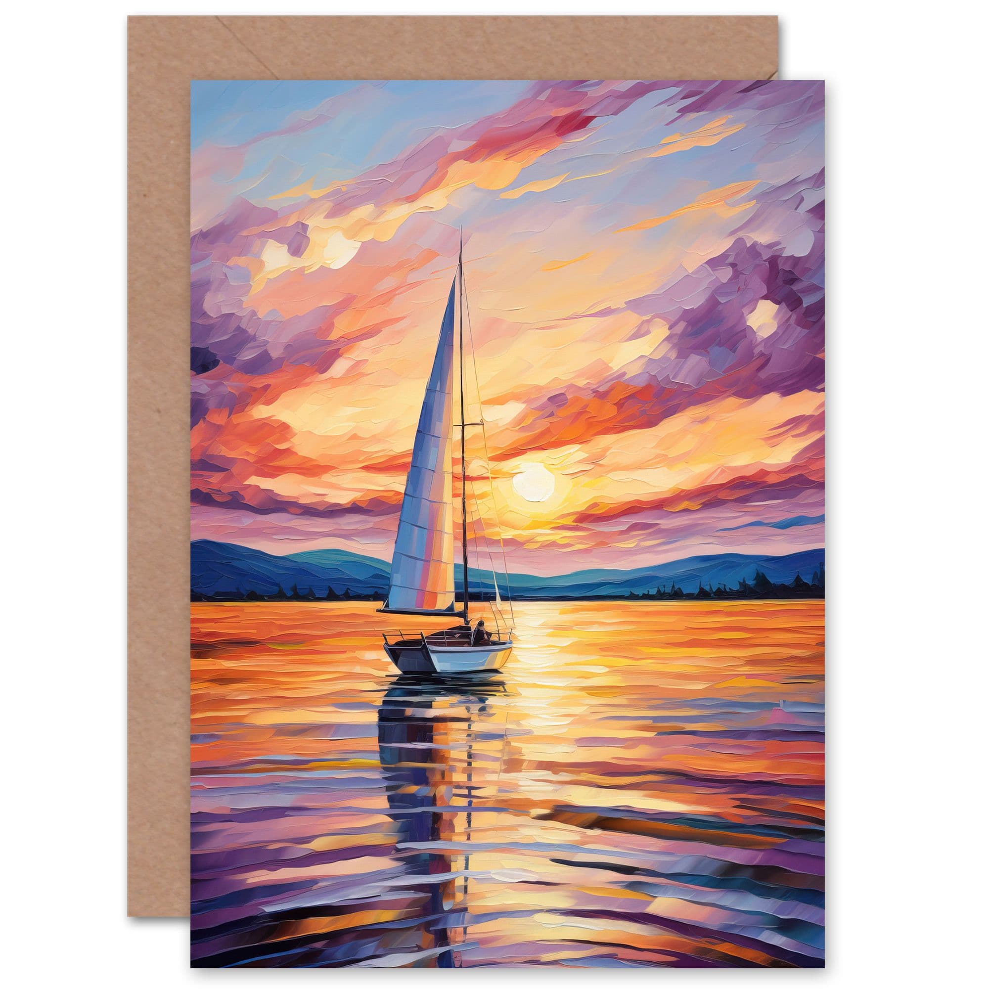 Sunset Sailing Vibrant Sail Boat Seascape Birthday Greeting Card