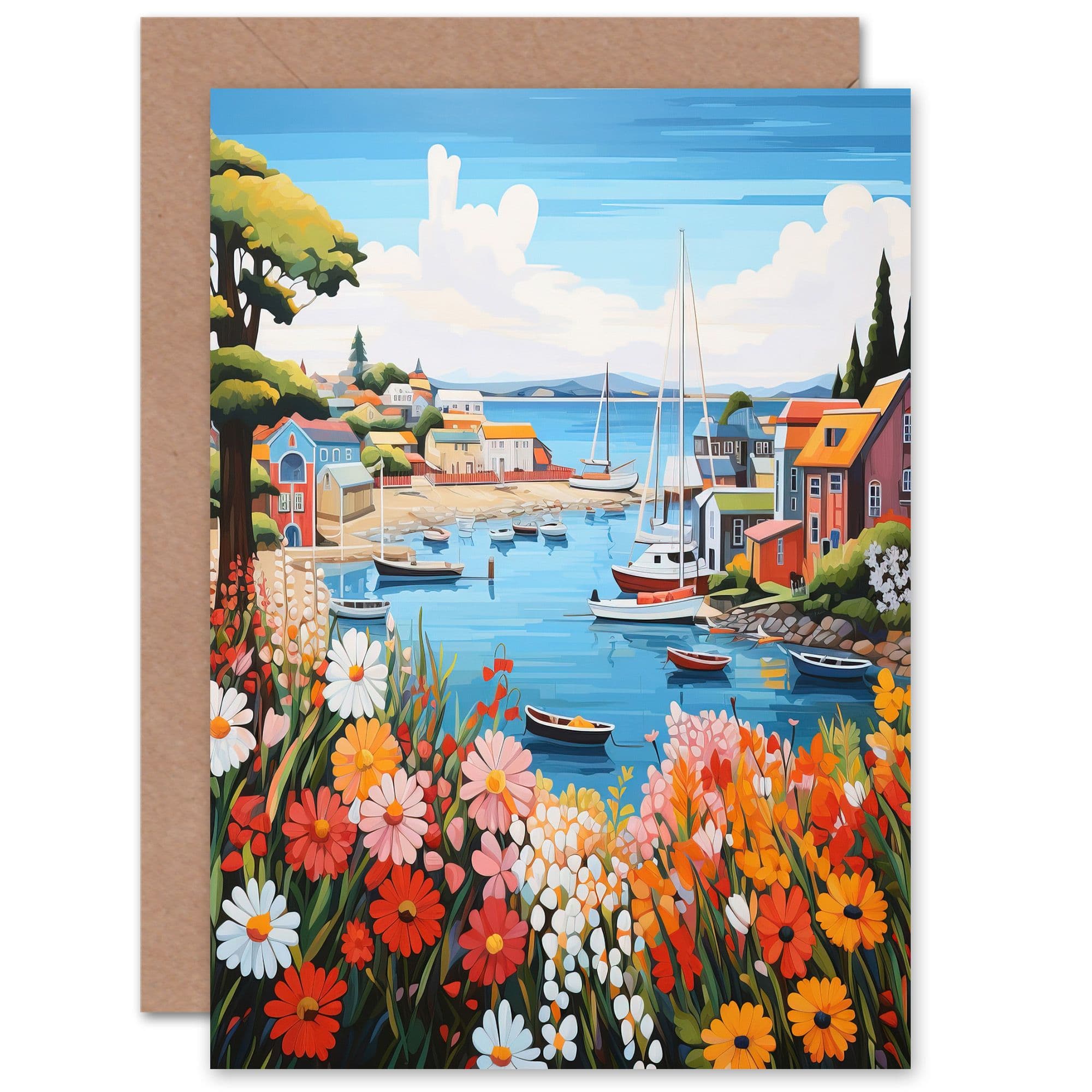 Idyllic Scenic Seaside Fishing Village Harbour Bay Birthday Greeting Card