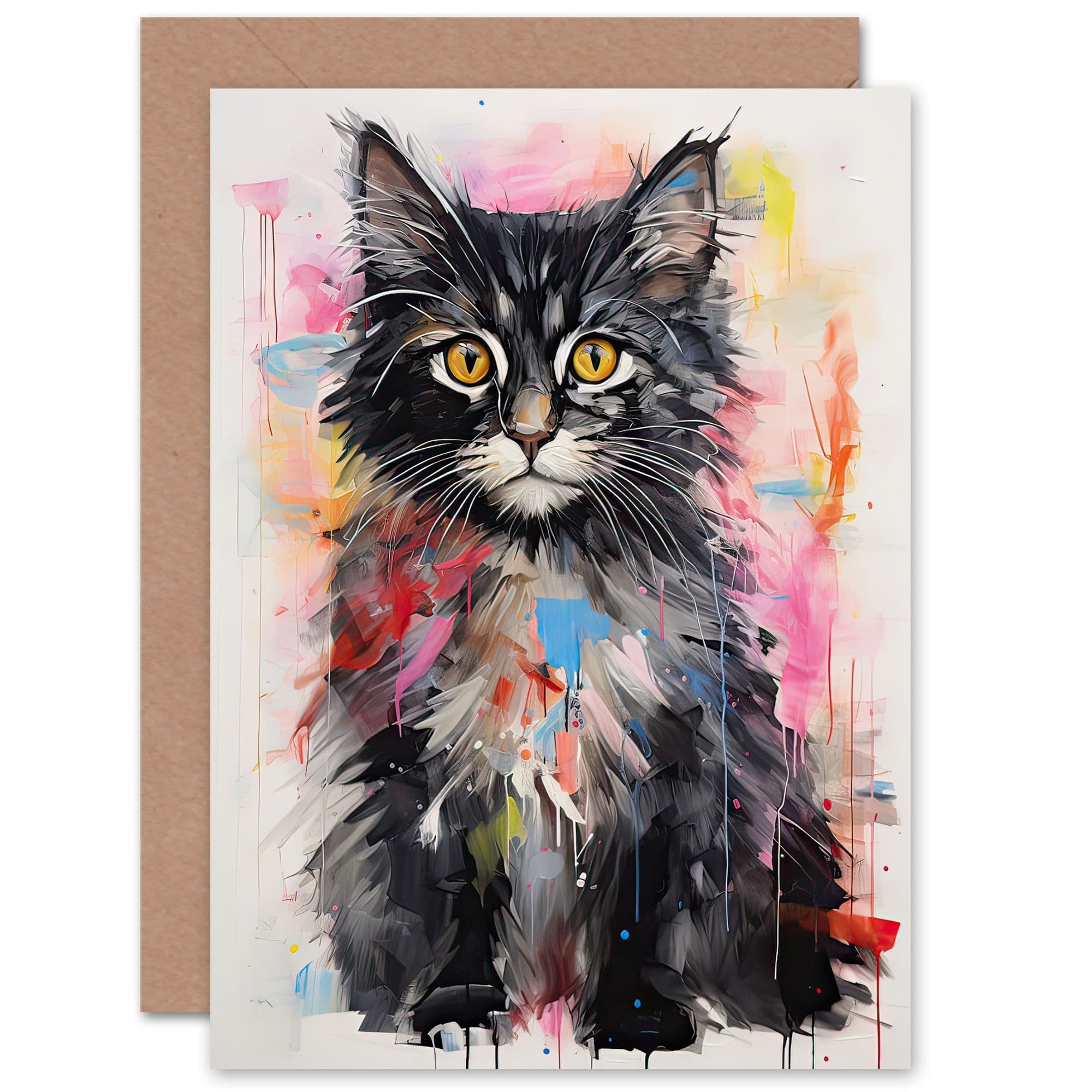 Cute Kitten Colourful Painting Cat Birthday Thank You Greeting Card