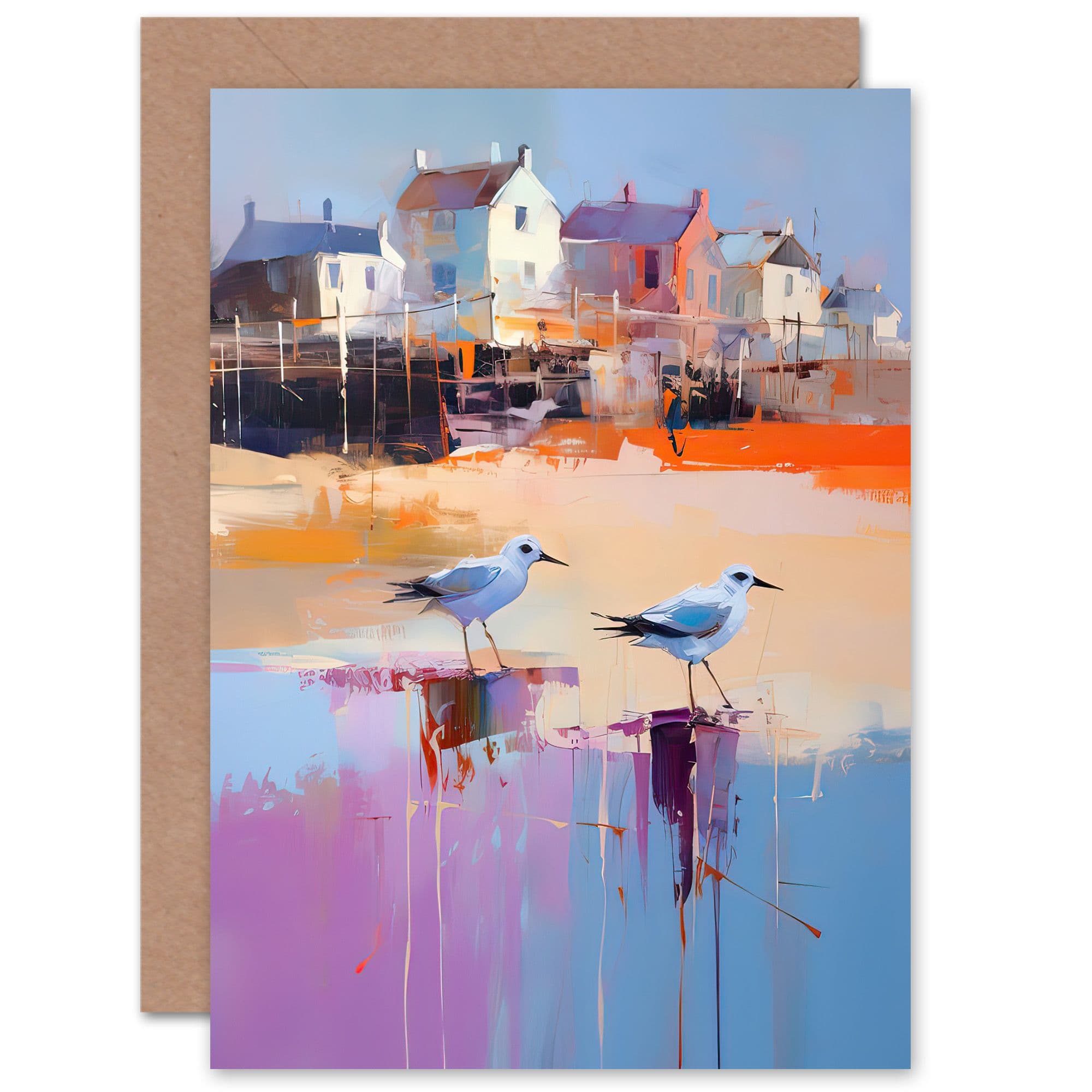 Seagulls on Beach Coastal Village Landscape Thank You Greeting Card
