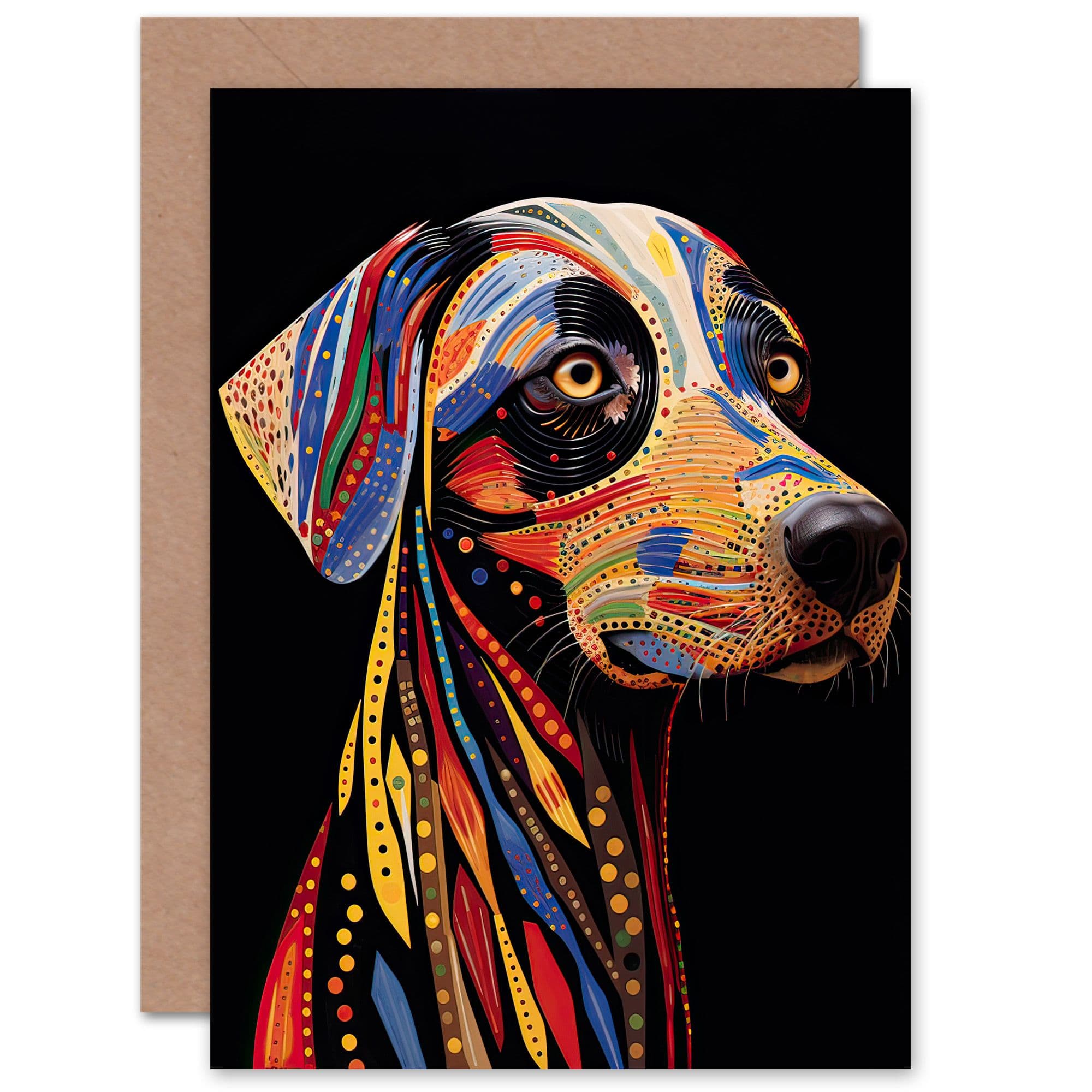 Multicoloured Dog Patterned Tribal Art for Him Her Birthday Greeting Card