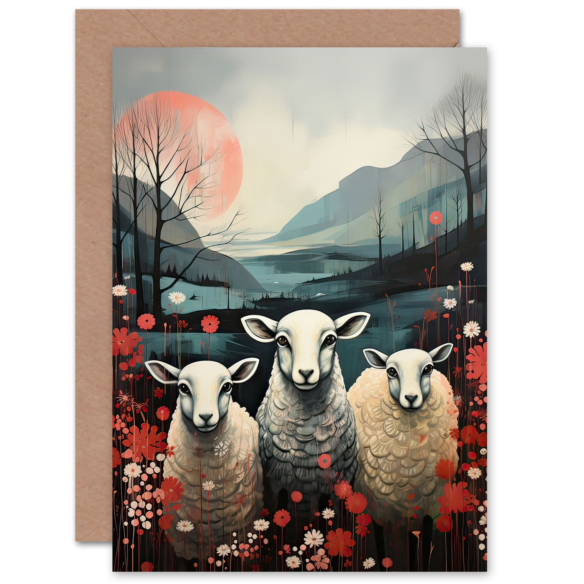 Three Sheep Winter Valley Flowers Scotland Birthday Greeting Card