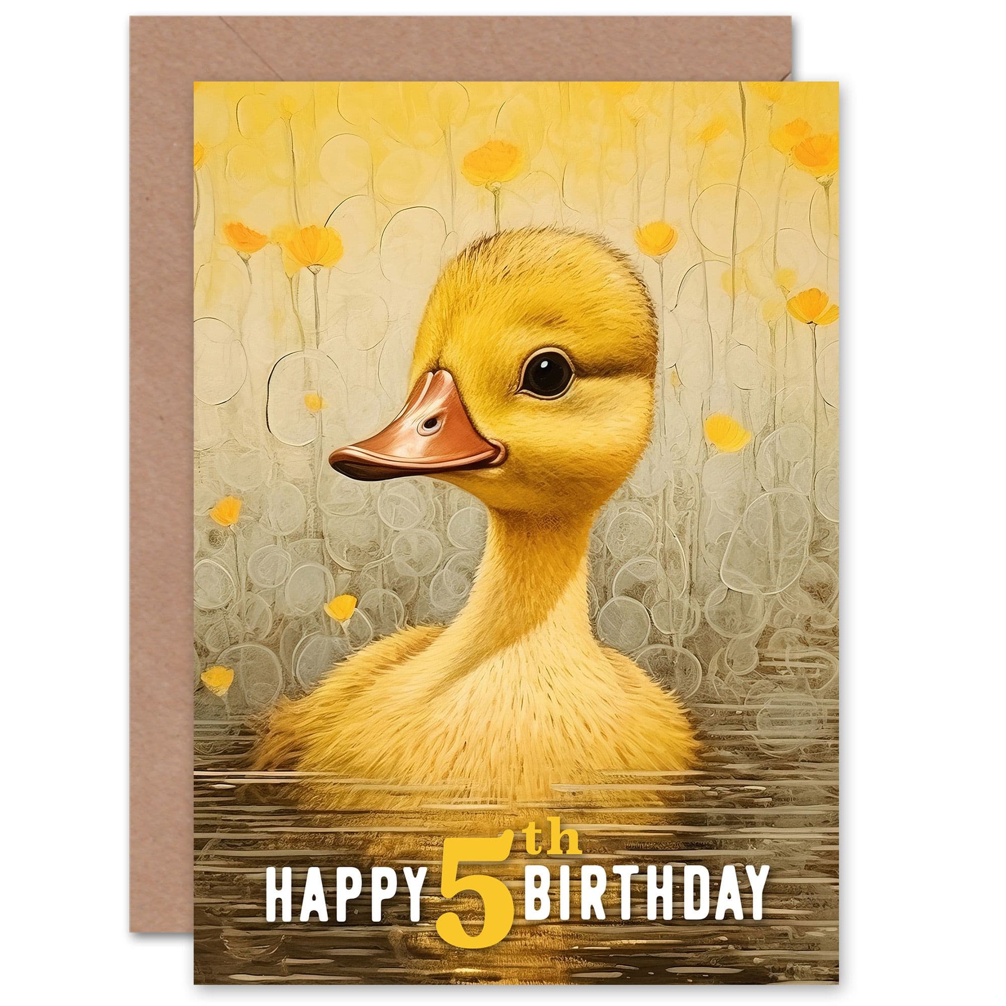 Kids Birthday Age 5 Cute Sweet Duckling Duck Pond Flowers For Child Girl Daughter Greeting Card
