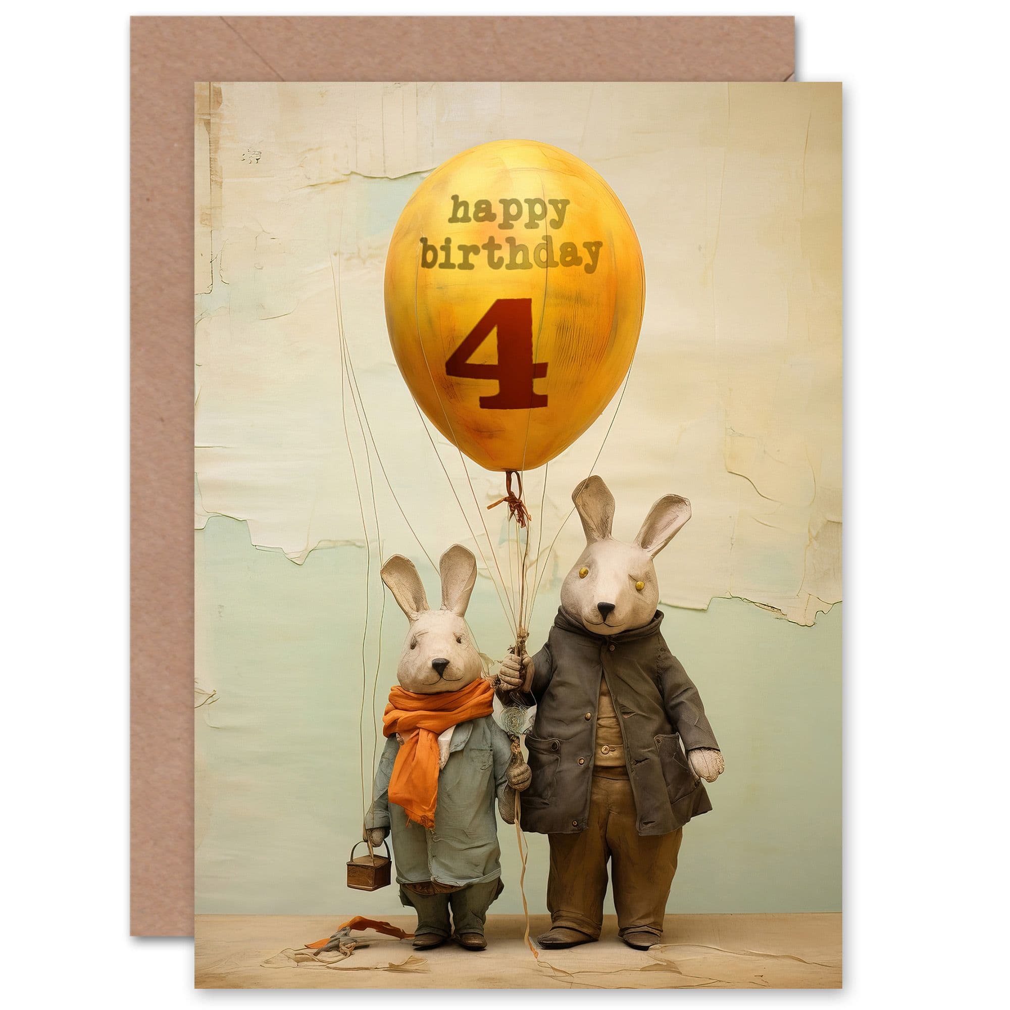 Kids Birthday Age 4 Cute Bunny Rabbits Balloon For Child Son Daughter Greeting Card