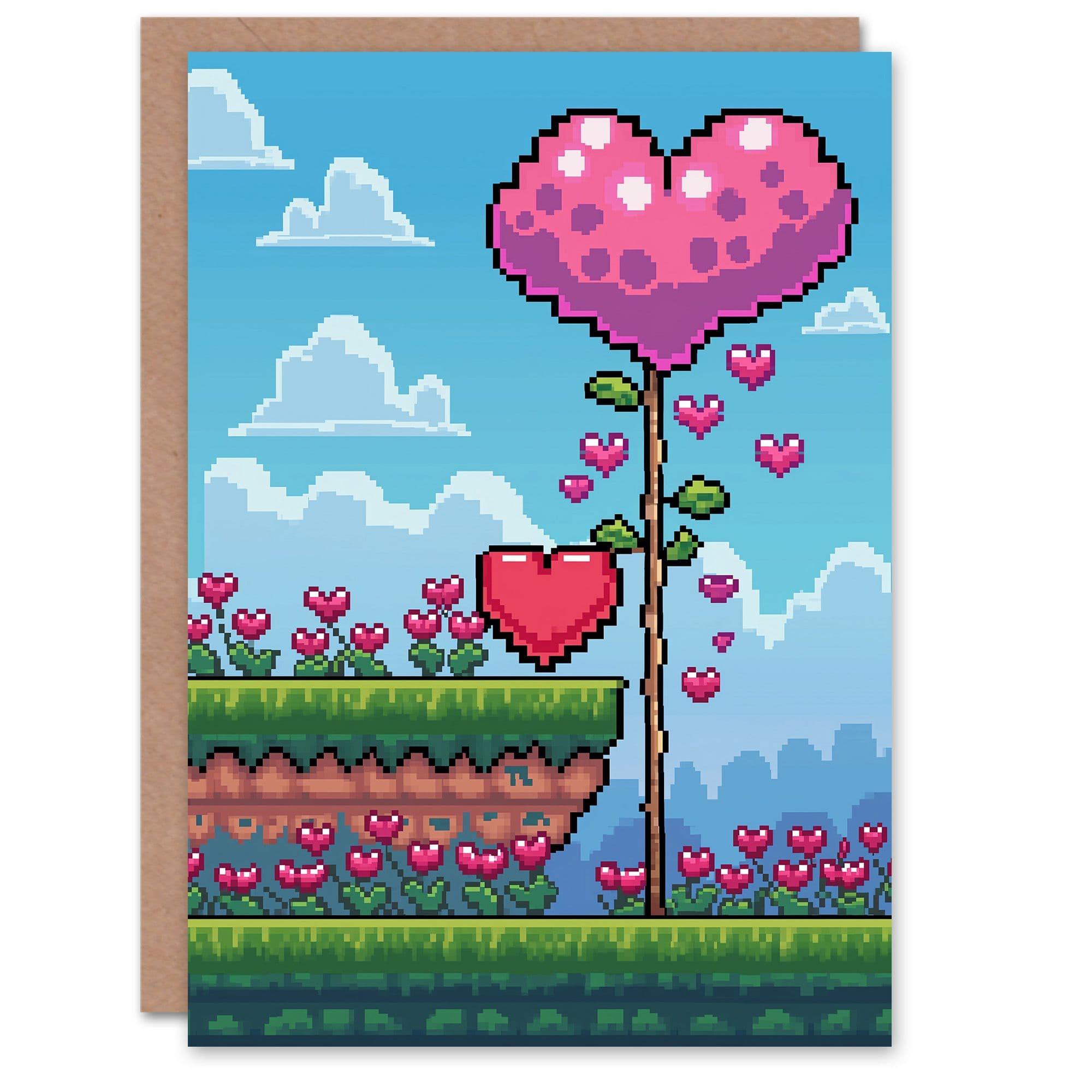 Anniversary Card Pixel Art Video Game Heart Plant For Him or Her