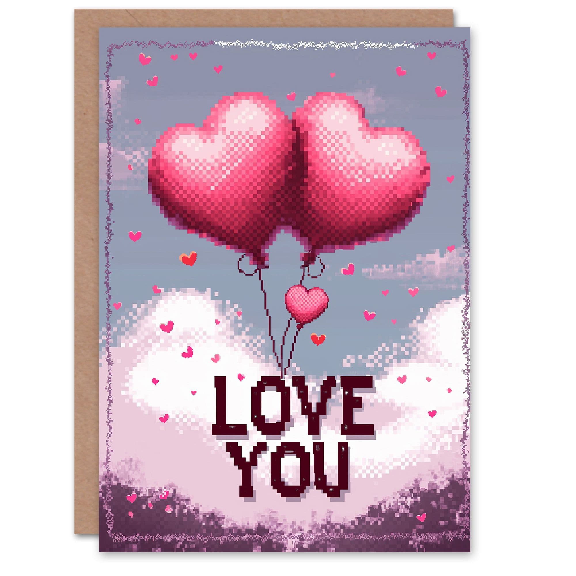 Anniversary Card Pixel Art Love You Heart Balloons Him or Her
