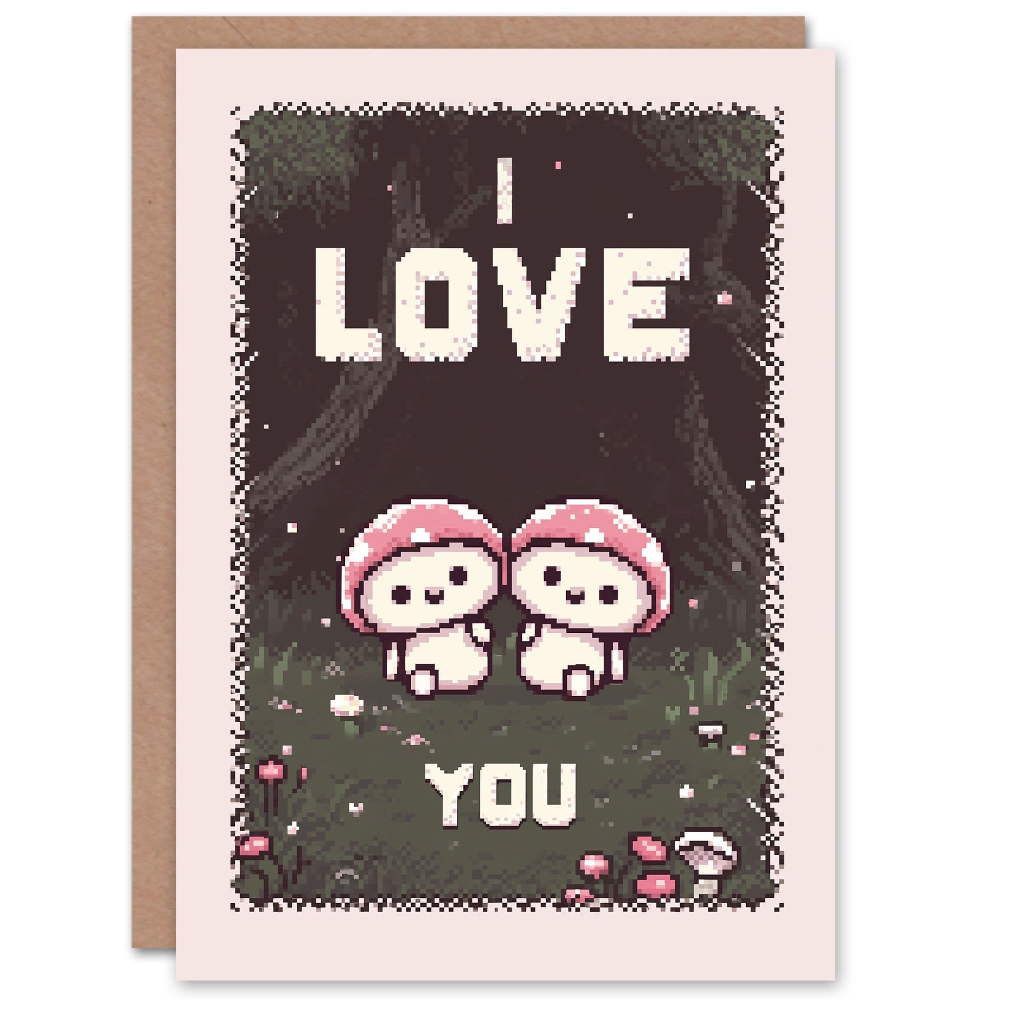 Anniversary Card Pixel Art I Love You Mushrooms Cute Gamer Him or Her