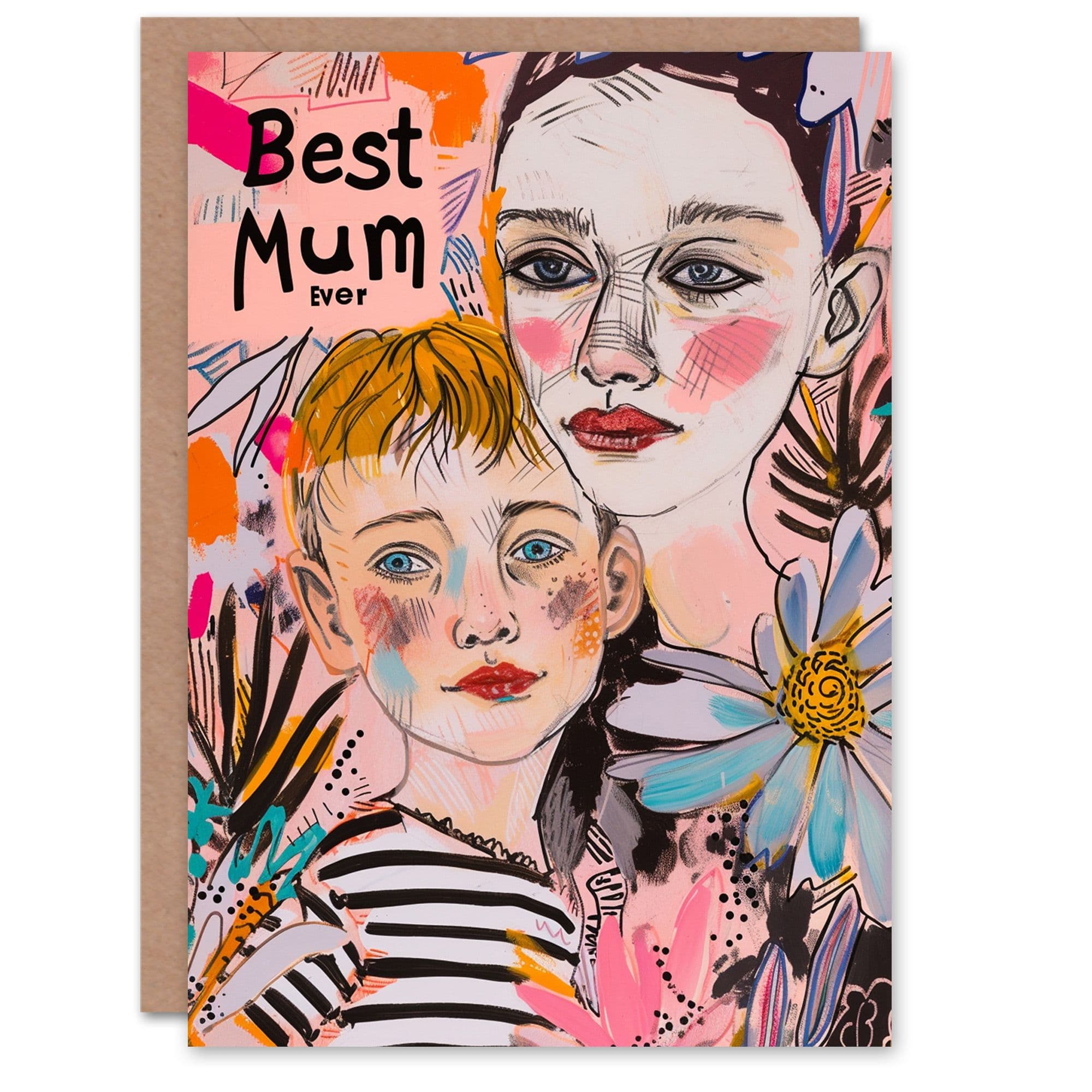 Mothers Day Greeting Card Best Ever Floral Portrait Son Mum