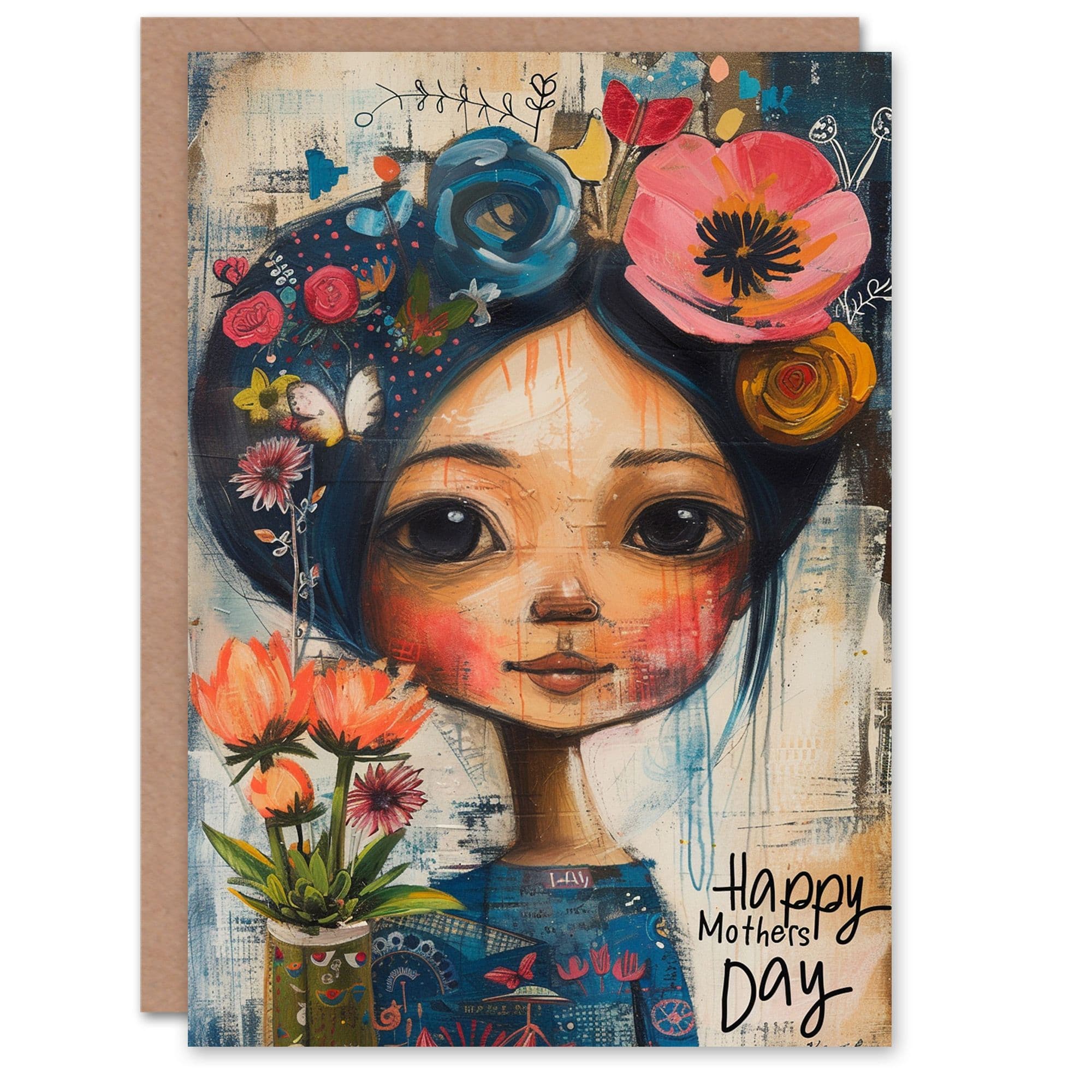 Mothers Day Greeting Card Bouquet Flower Hair Mural Grunge Mum