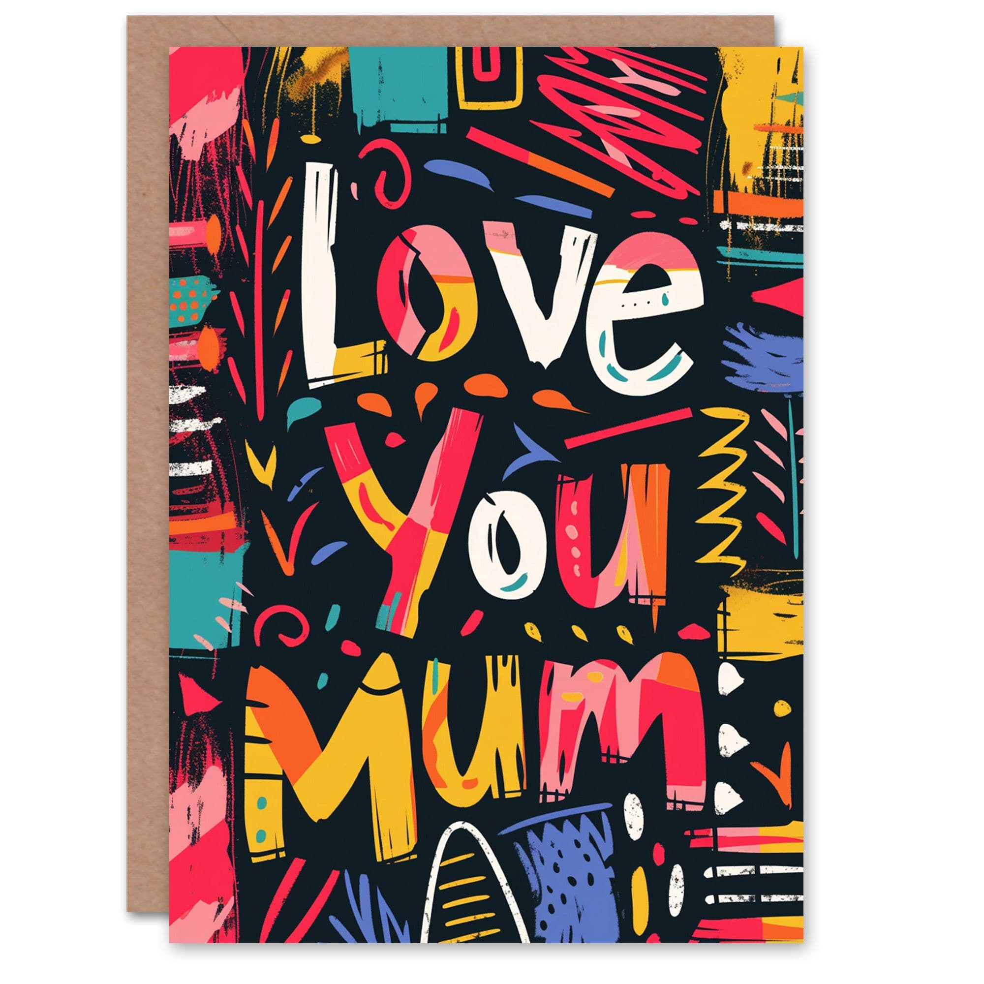 Mother's Day Greeting Card Colourful Fun Folk Typography Love You For Mum