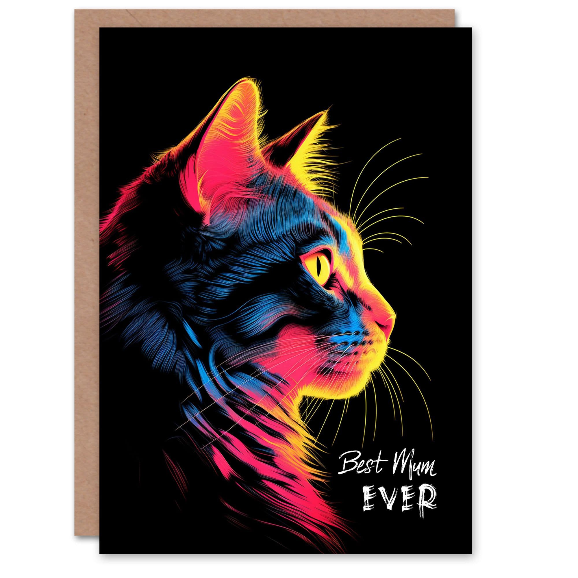 Mothers Day Greeting Card Best Mum Ever Vibrant Neon Cat Lover Mum