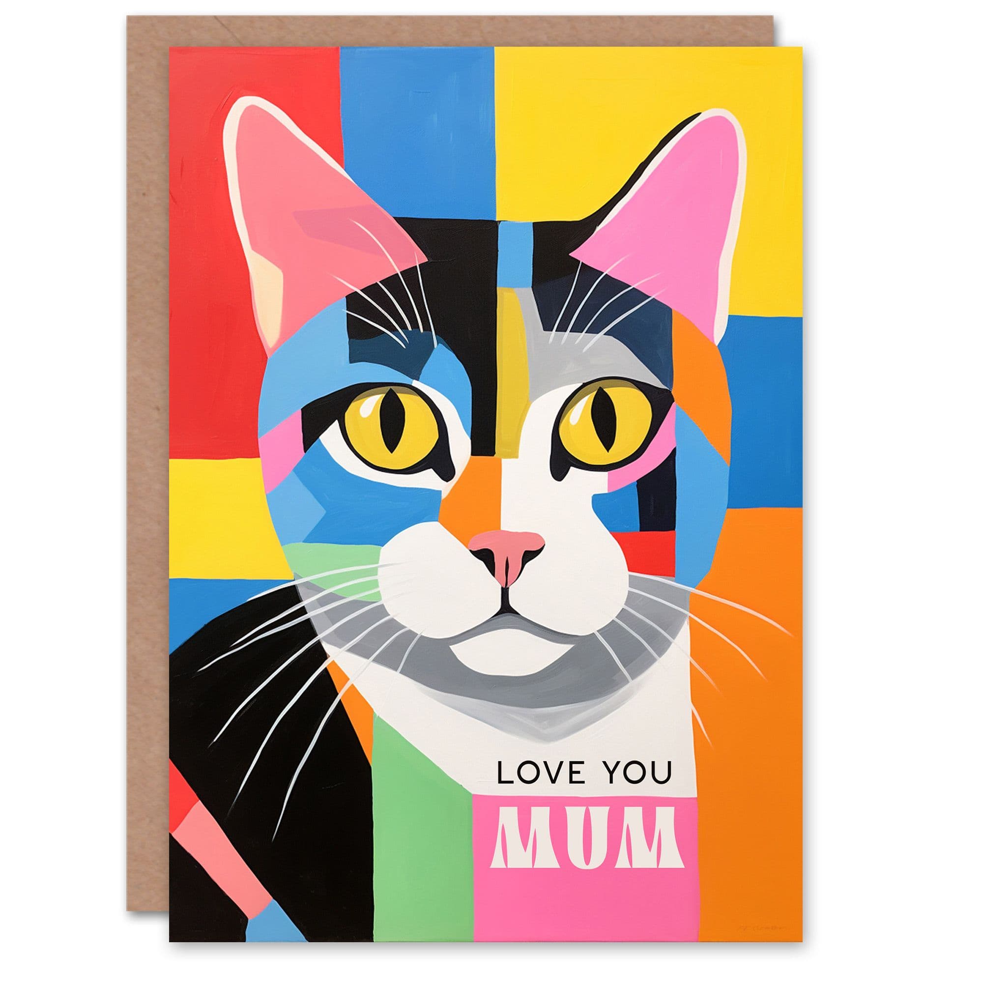 Mothers Day Greeting Card Colourful Abstract Cat Love You Mum