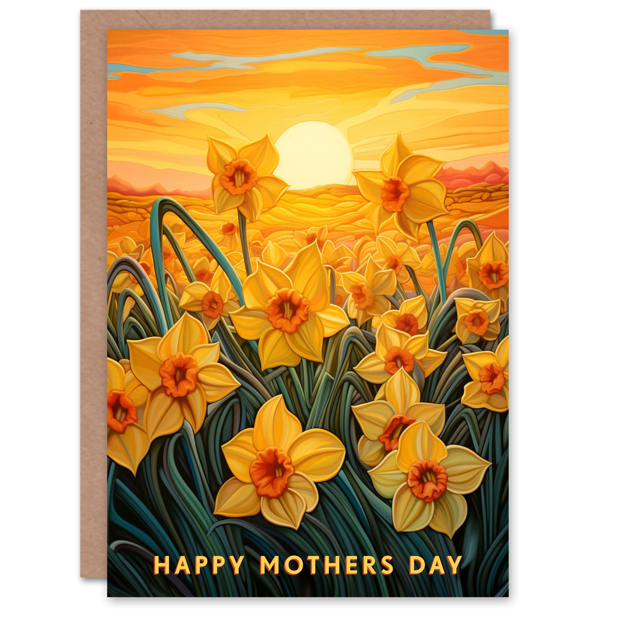 Mother's Day Greeting Card Daffodil Flower Field Sunset For Mum