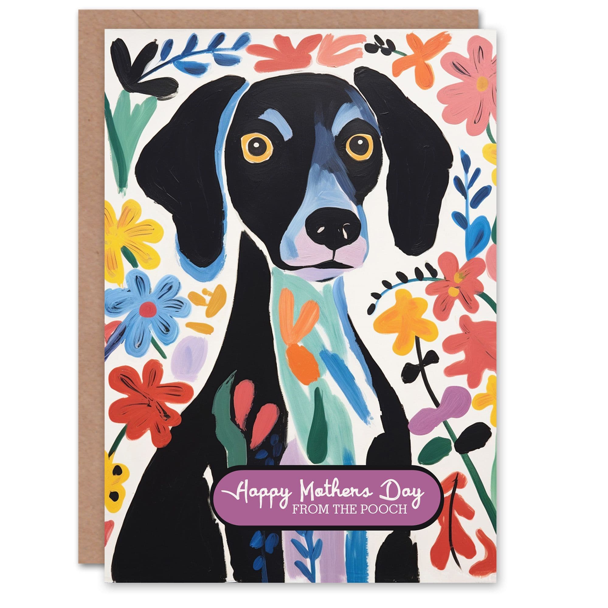 Mother's Day Greeting Card Happy Dog Flowers Painting From Pooch For Mum