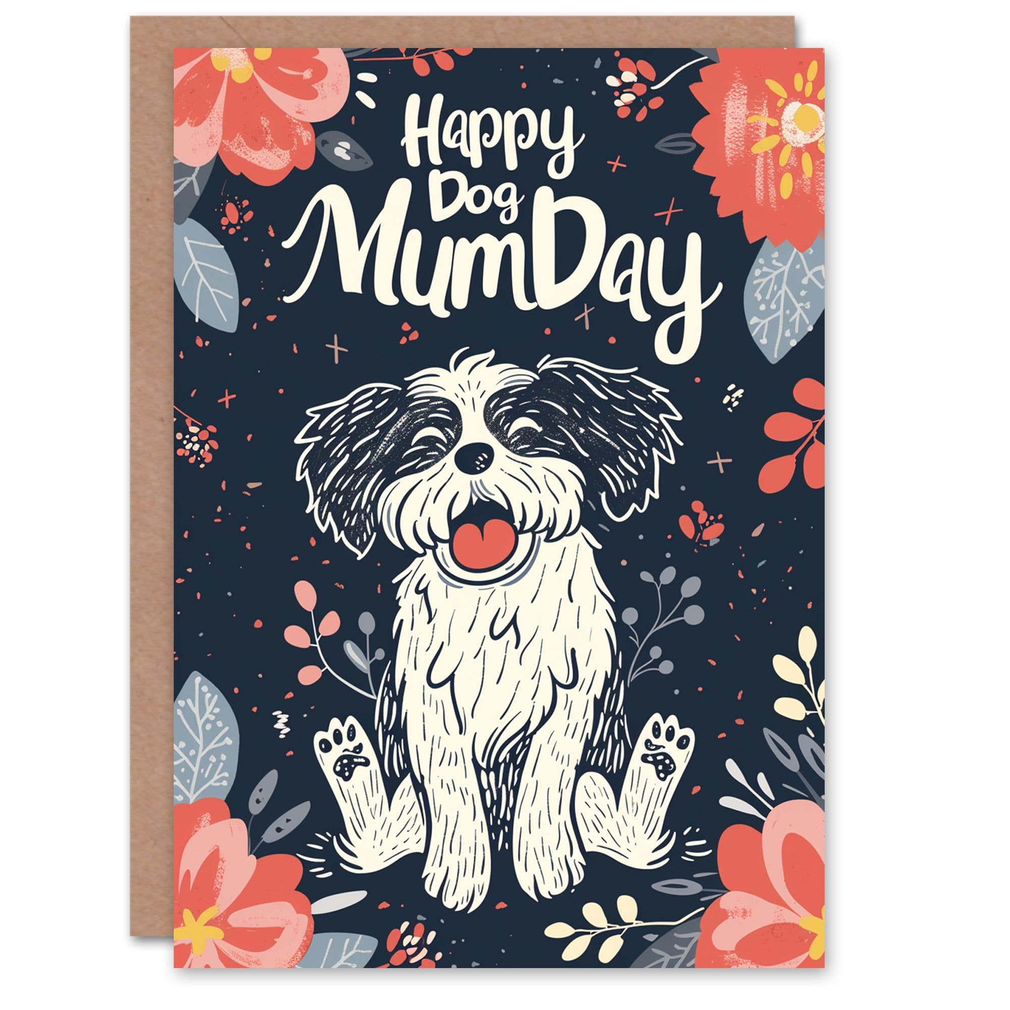 Mother's Day Greeting Card Happy Puppy Flowers From Dog For Mum