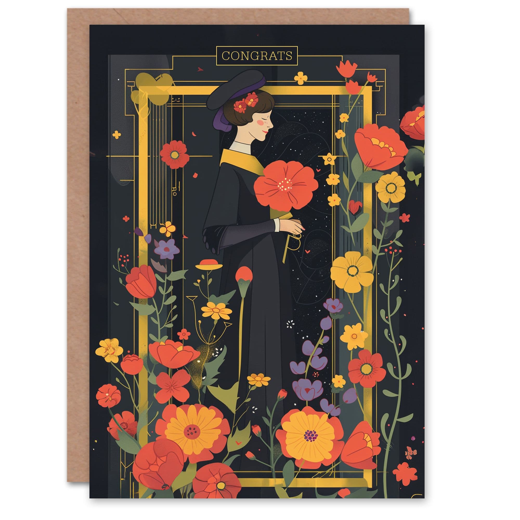 Congratulations Greeting Card Woman Graduation Day Floral Art Deco For Her