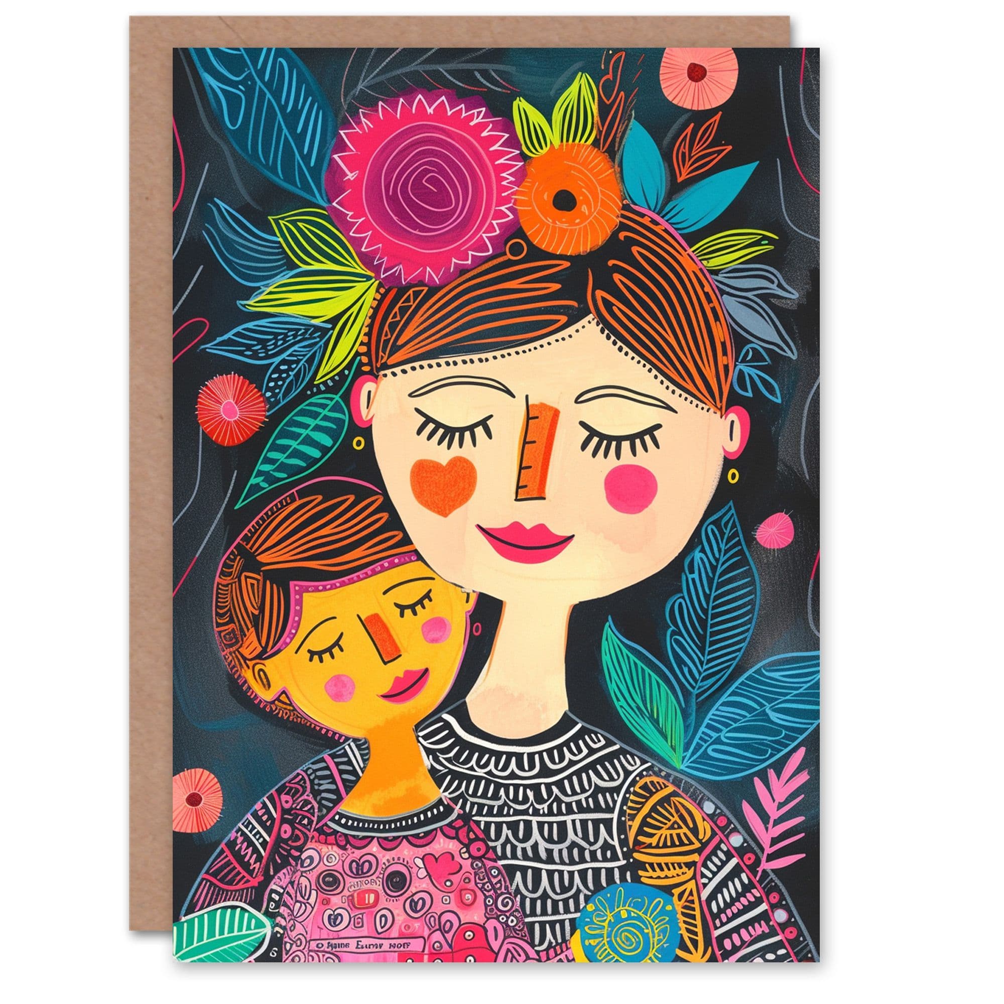 Mothers Day Greeting Card Birthday Mom Daughter Folk Art Portrait Mum