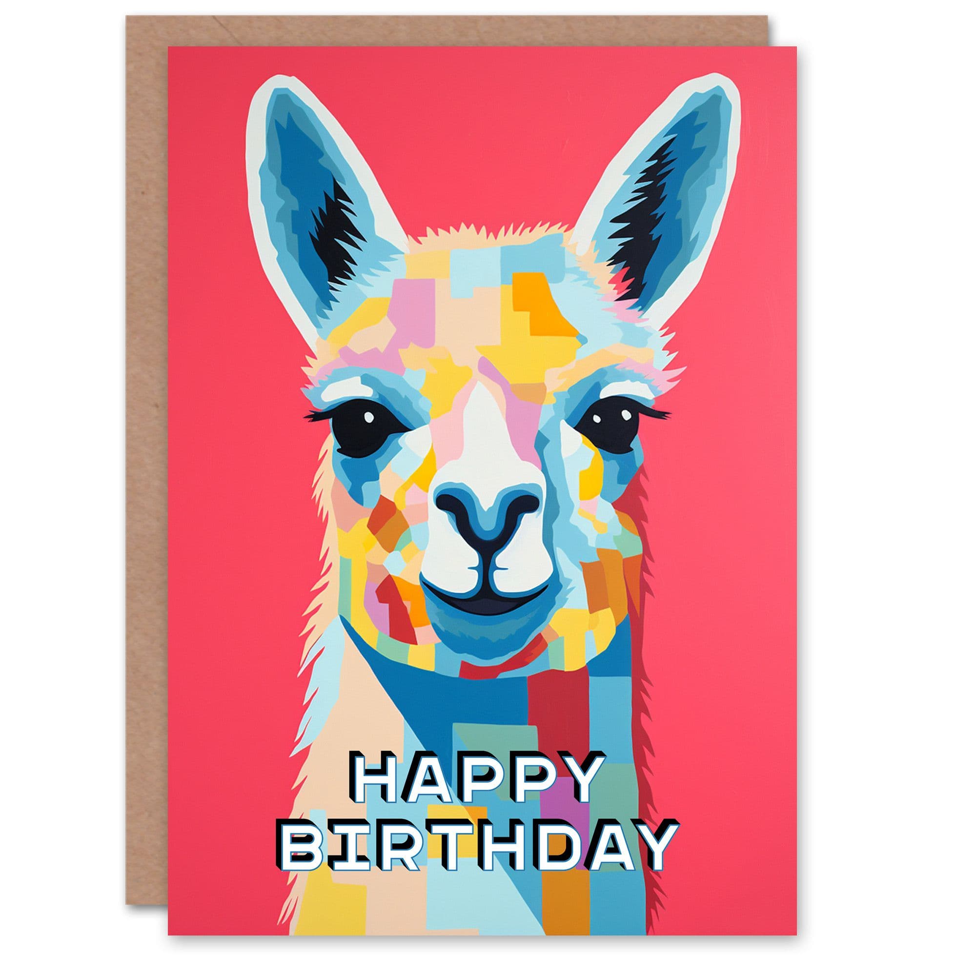 Birthday Greeting Card Colourful Geometric Happy Llama Him Her