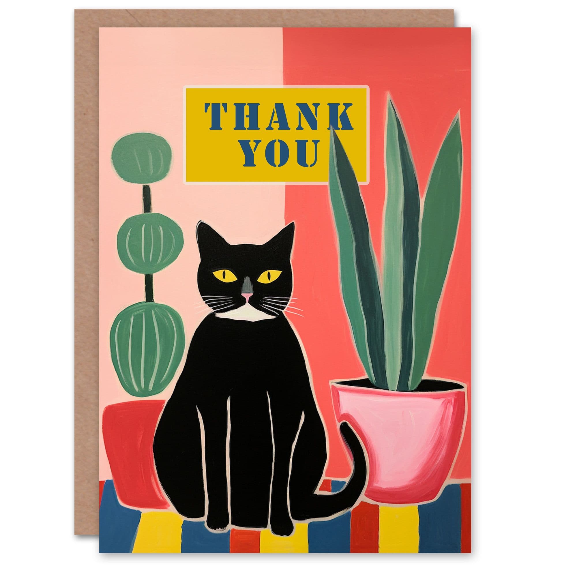 Thank You Greeting Card Black Cat Lover Plants Painting For Him Her