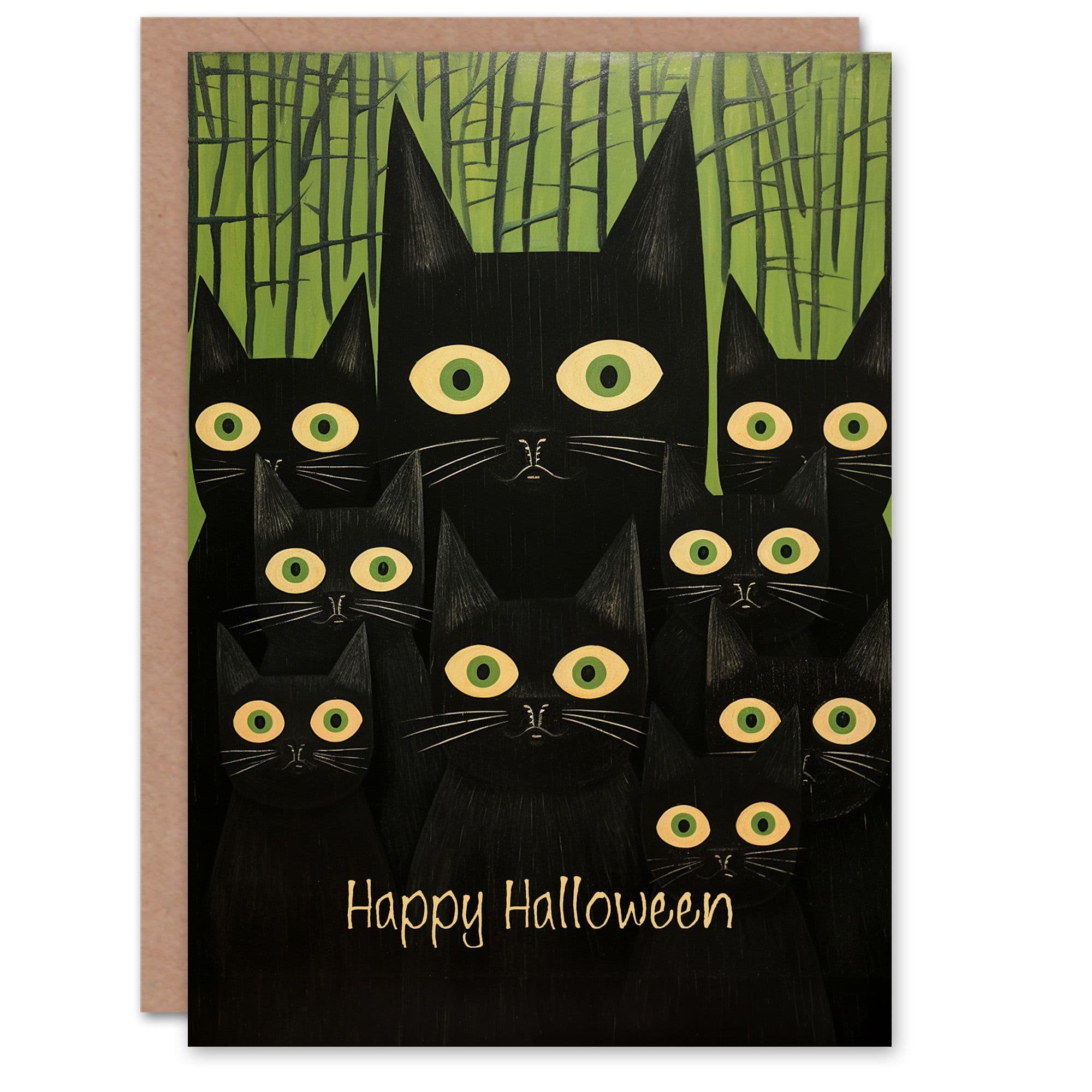 Halloween Greeting Card Fun Creepy Black Cat Eyes For Him Her