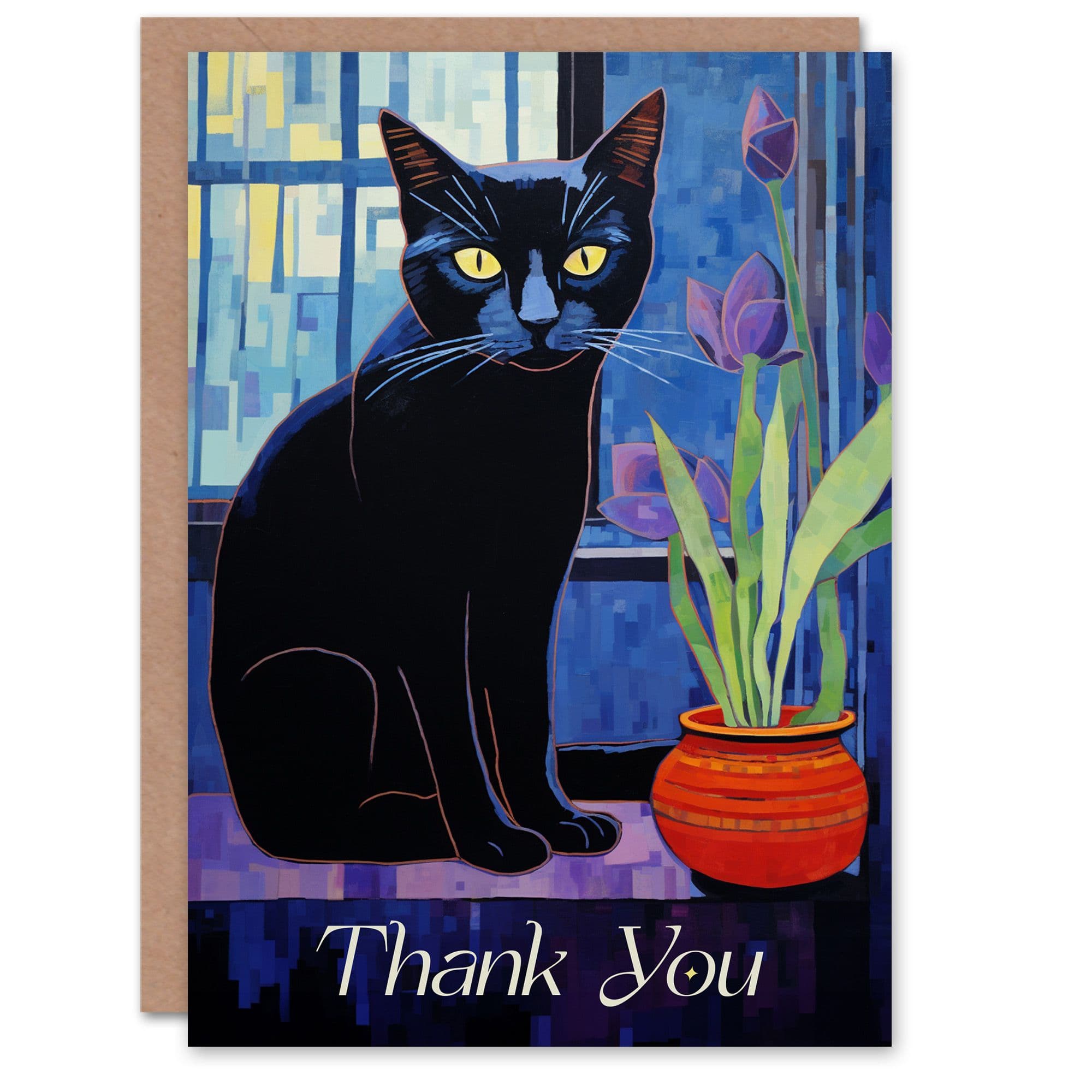 Thank You Greeting Card Black Cat Lover Tulip Flowers Painting For Her