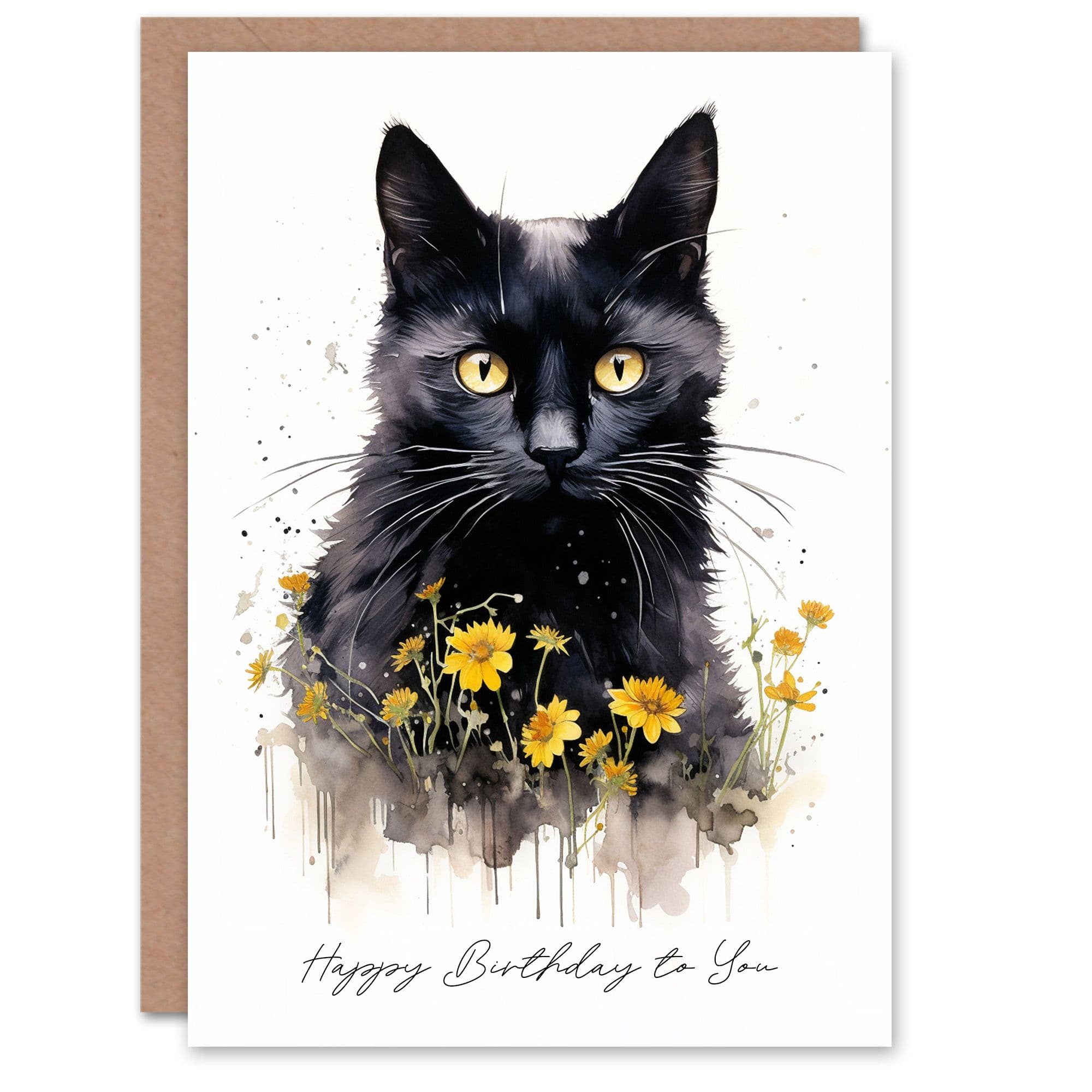 Birthday Greeting Card Black Cat Lover Yellow Flowers For Her