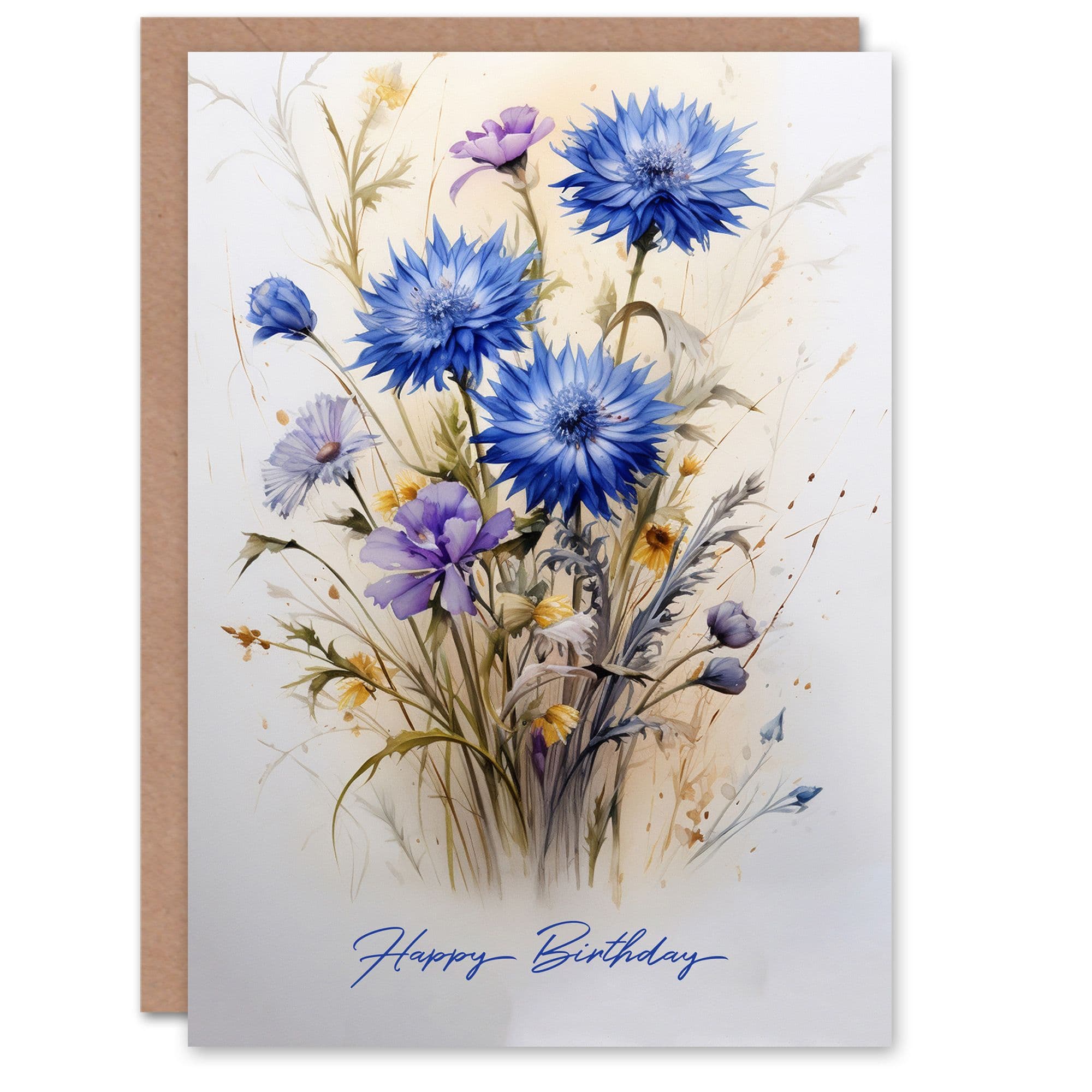 Birthday Greeting Card Blue Cornflower Wildflower Bouquet For Her