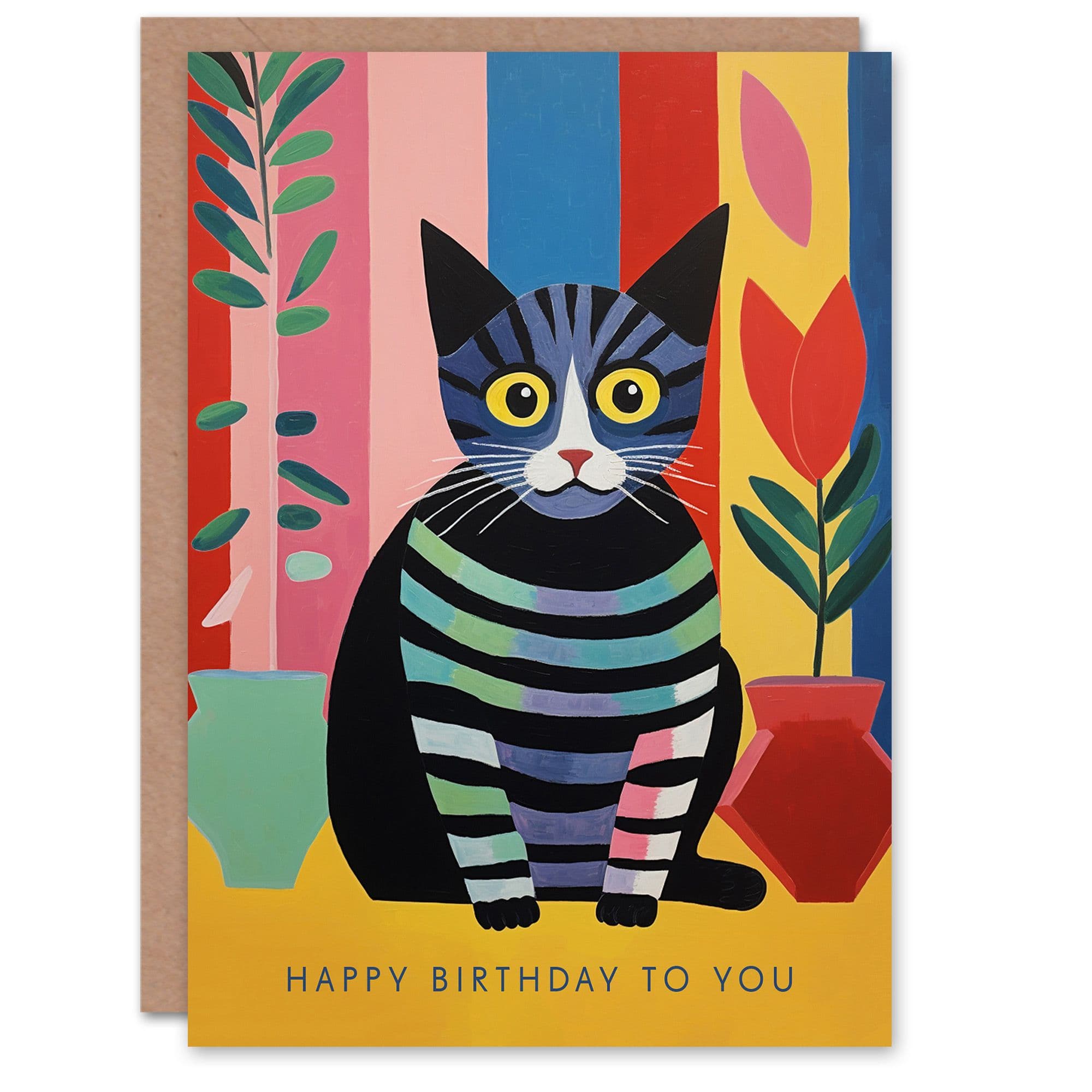 Birthday Greeting Card Stripy Cat Lover Plants Him Her