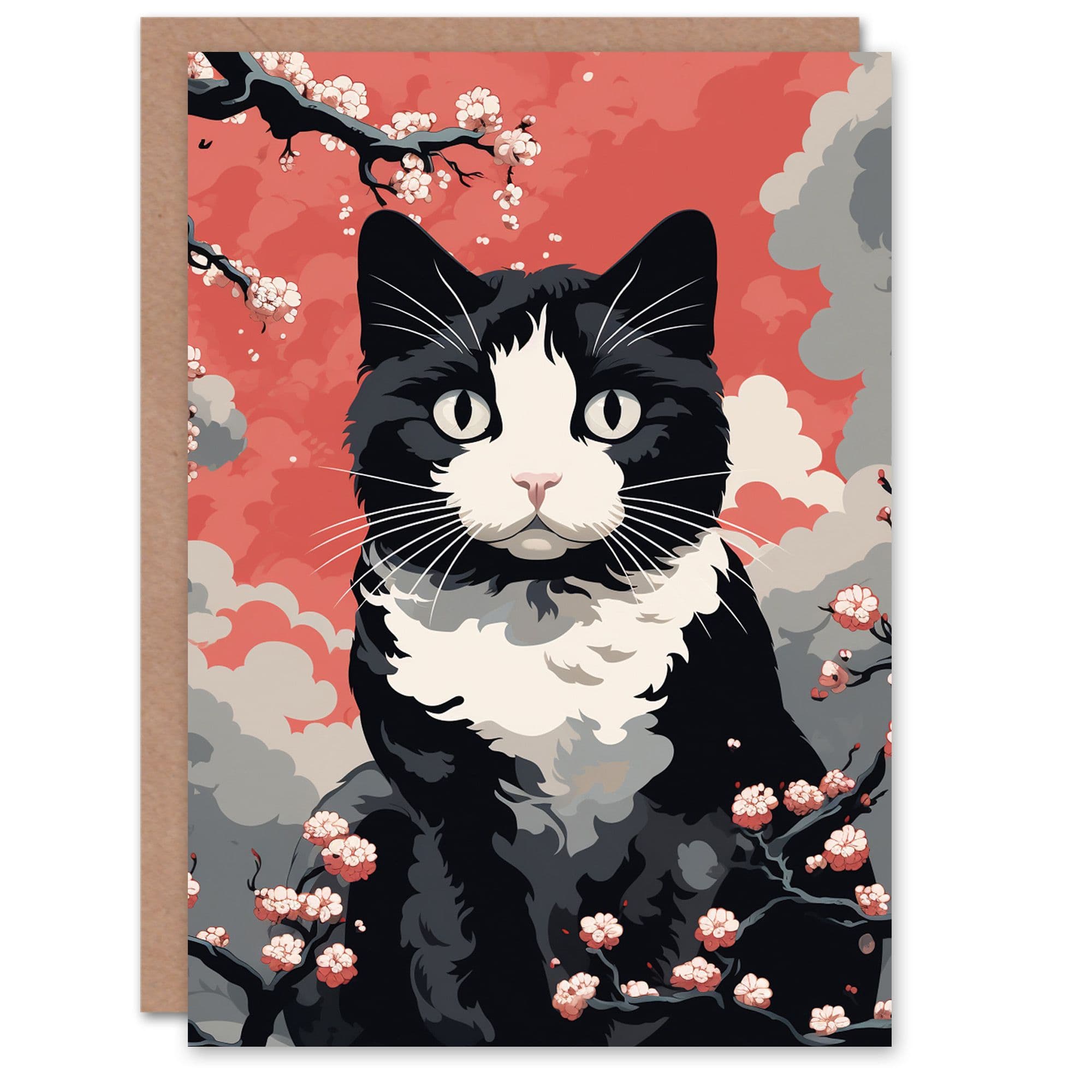 Birthday Greeting Card Tuxedo Cat Lover Cherry Blossom Her