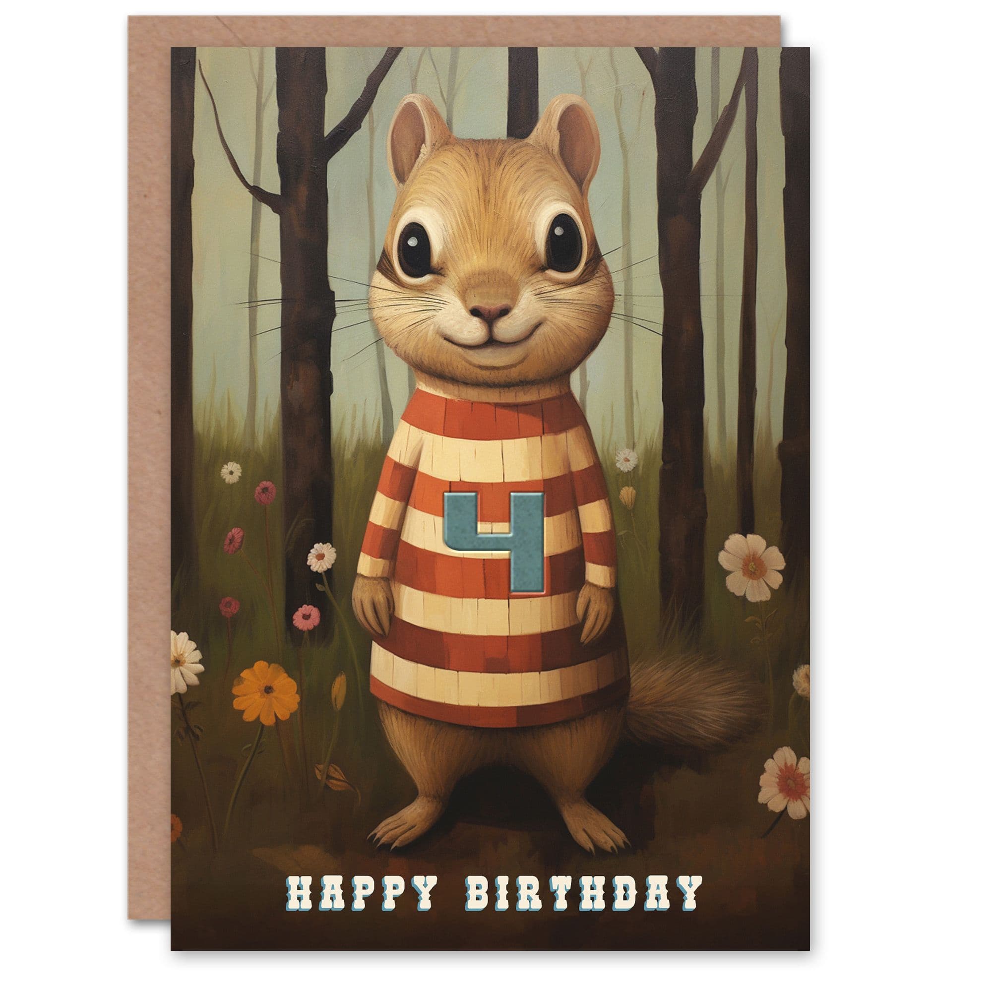 4th Birthday Greeting Card Child Cute Chipmunk Kids Age 4 Year Old