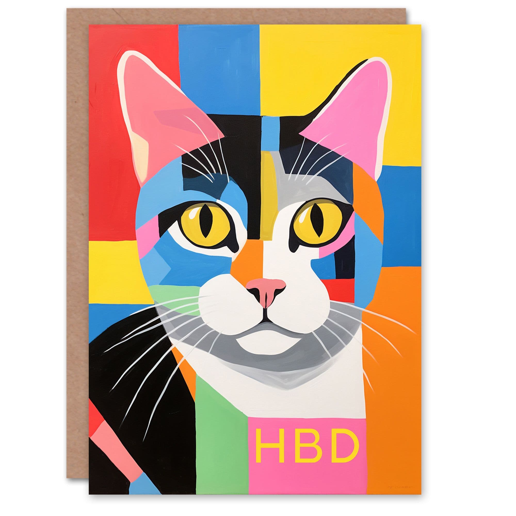 Birthday Greeting Card Colourful Abstract Cat Lover HBD Him Her