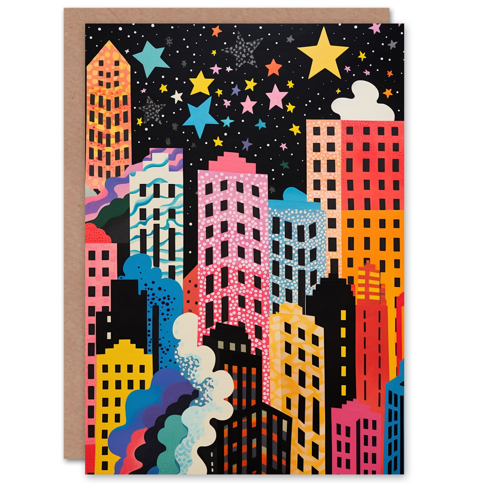 Birthday Greeting Card Colourful Abstract City Stars Her