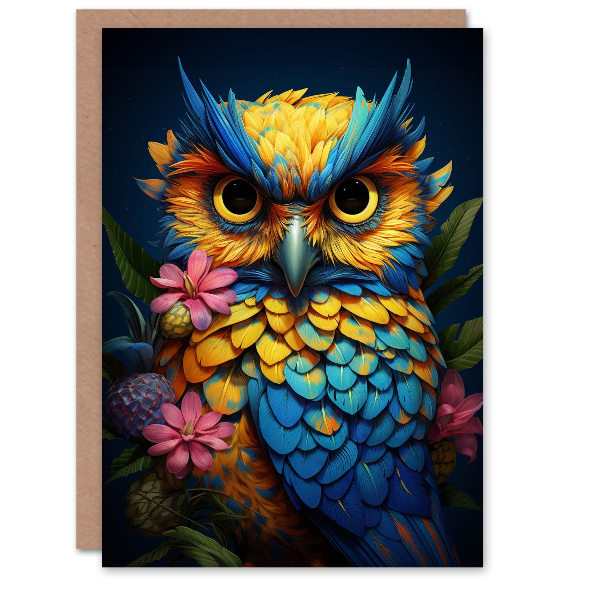 Birthday Greeting Card Colourful Owl with Flowers For Him Her