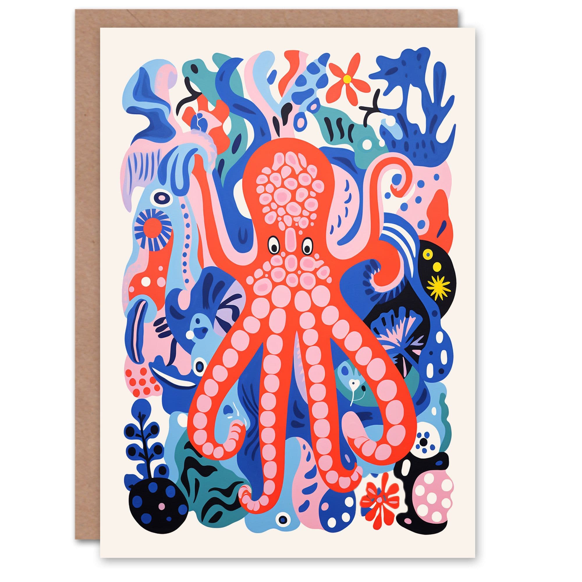 Birthday Greeting Card Octopus Reef Matisse Style Pattern Him Her