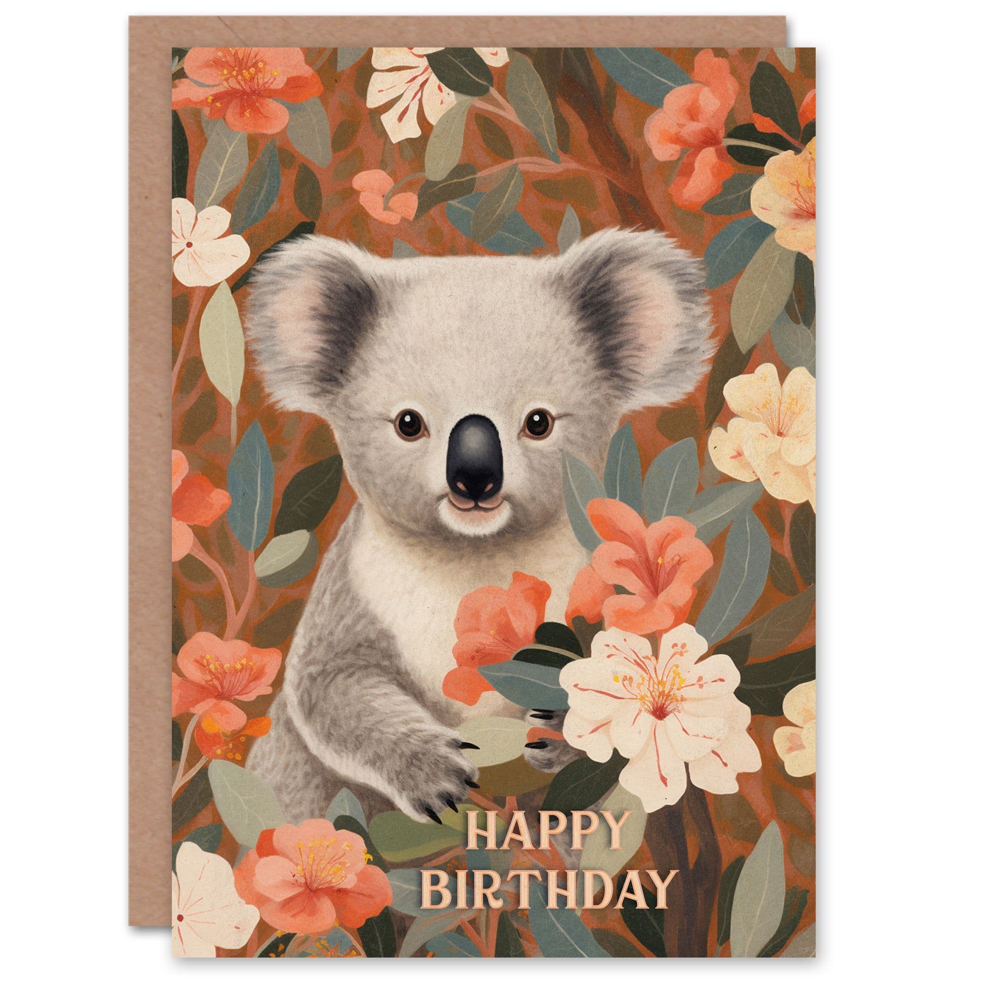 Birthday Greeting Card Cute Happy Koala in Flowers For Her
