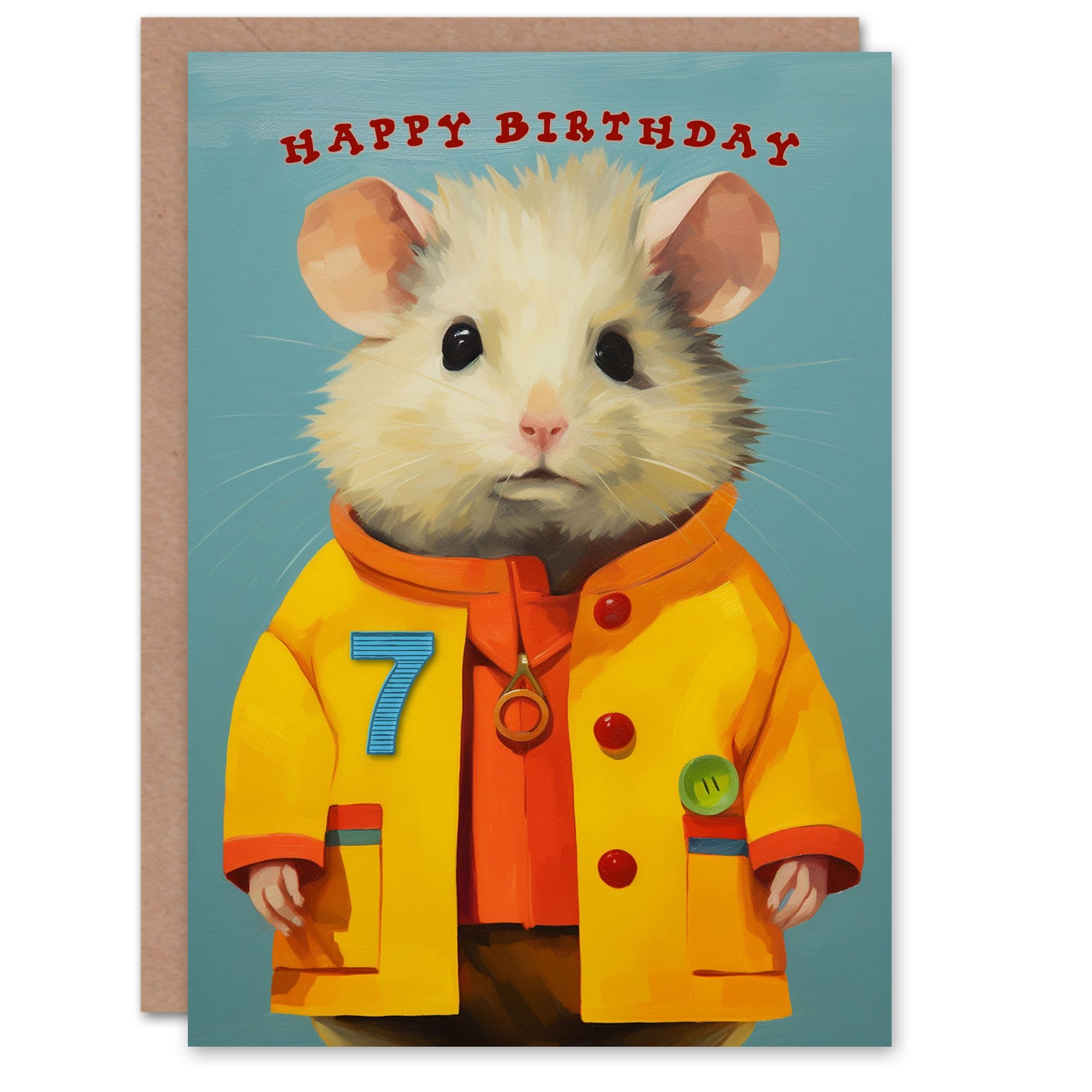7th Birthday Greeting Card Cute Mouse in Raincoat Kids Age 7 Year Old Child
